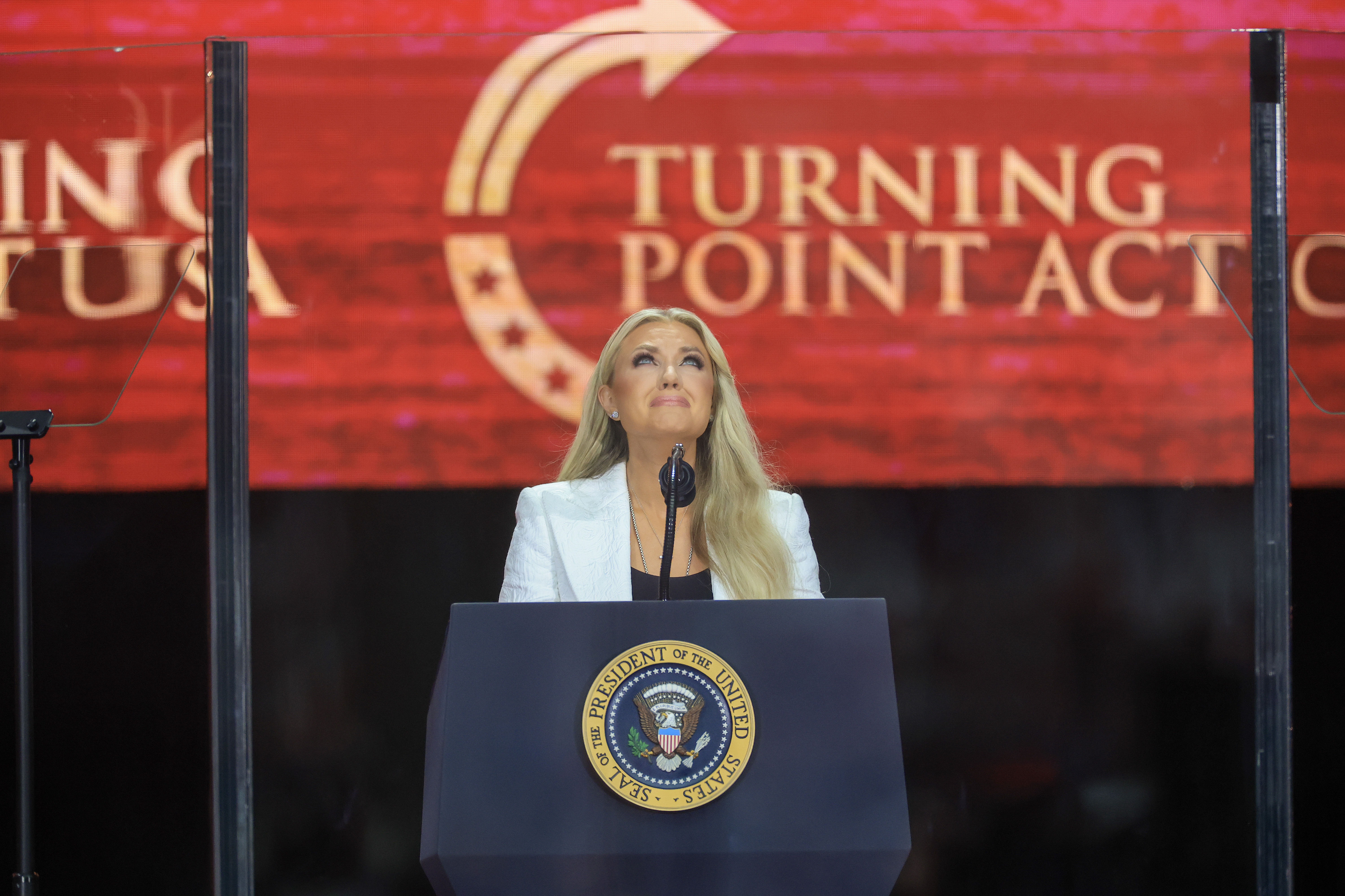Erika Kirk speaks during the memorial service for her husband, political activist Charlie Kirk at State Farm Stadium on September 21, 2025, in Glendale, Arizona. | Source: Getty Images
