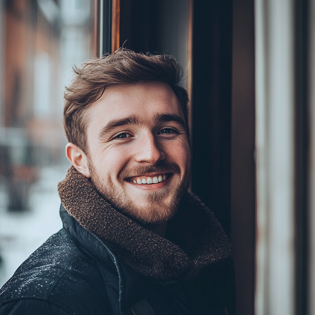 A smiling man near a flat door | Source: Midjourney