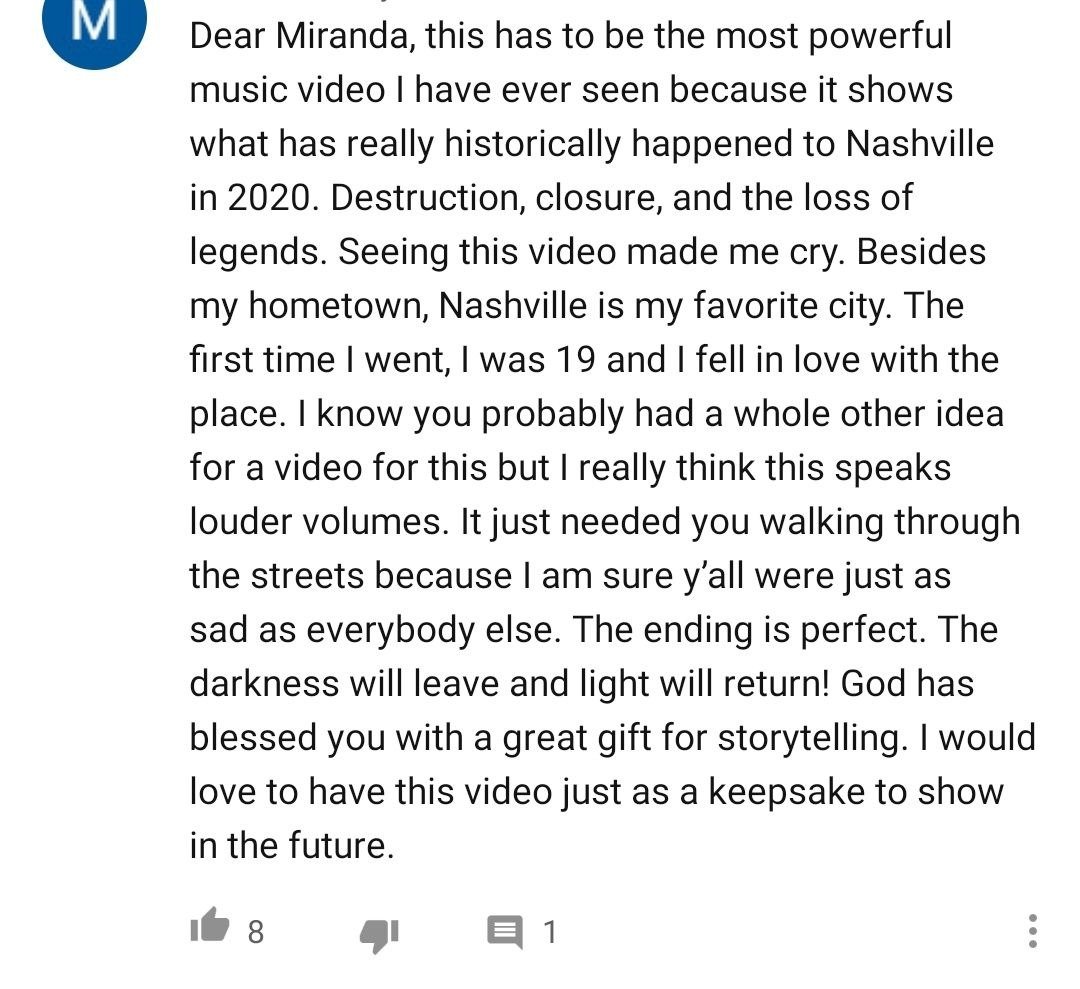 Fan comments underneath Miranda Lambert's music video for "Dark Bars" released July 9, 2020 | Photo: YouTube/ Miranda Lambert