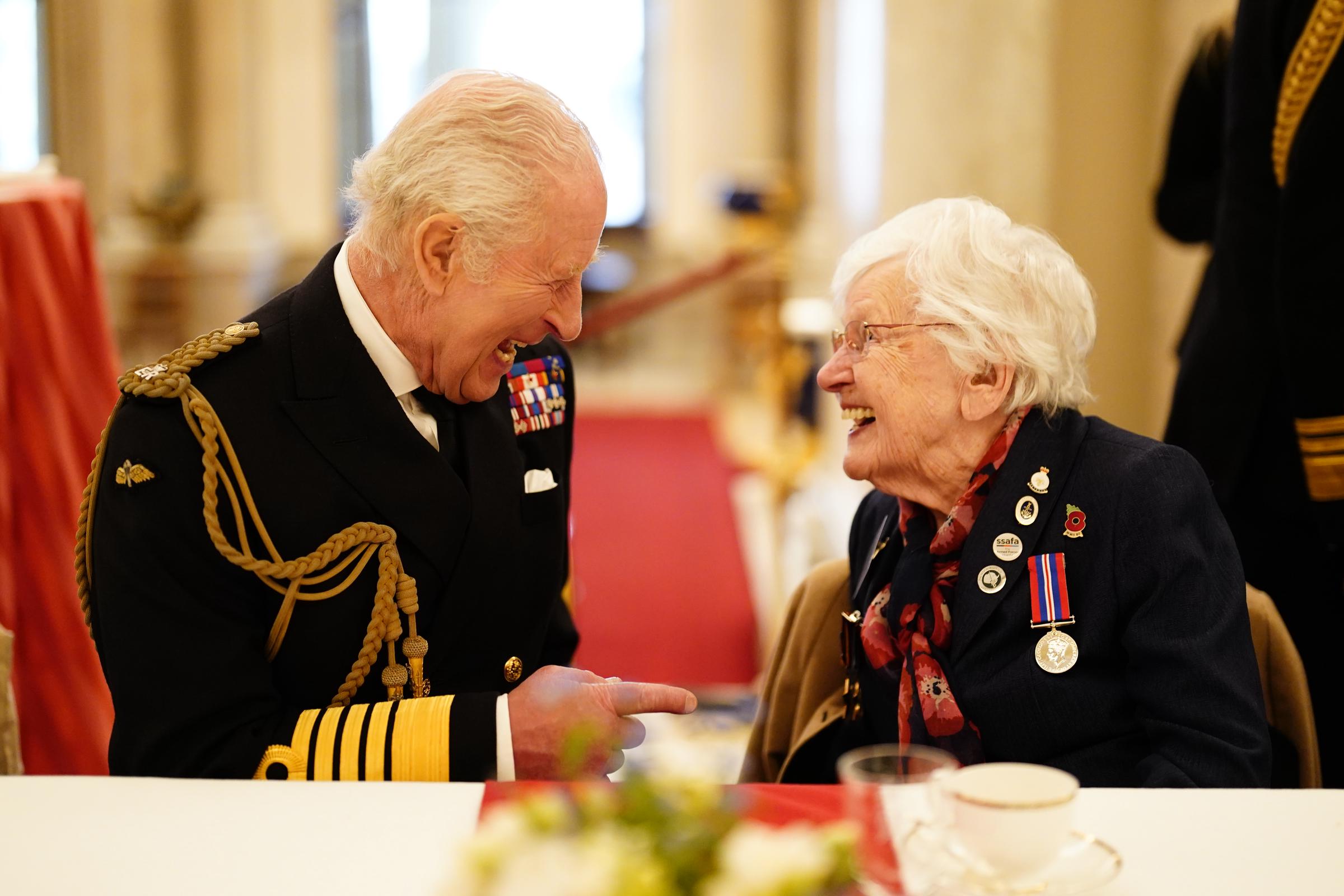 King Charles III joins Second World War veterans at a tea party in Buckingham Palace following the military procession to mark the 80th anniversary of VE Day in London, England, on May 5, 2025 | Source: Getty Images