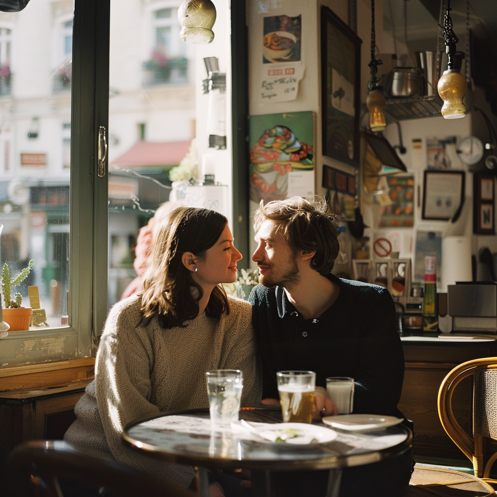 A couple sitting in a café together | Source: Midjourney