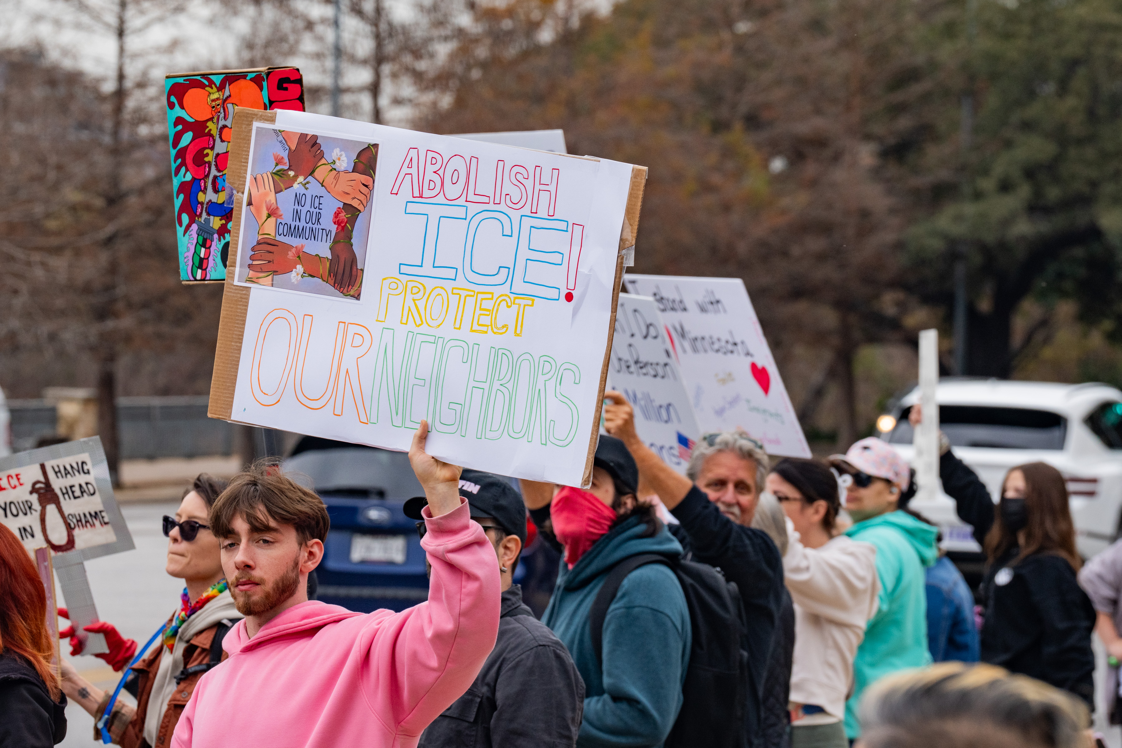 People protest ICE outside Austin City Hall on January 20, 2026 | Source: Getty Images