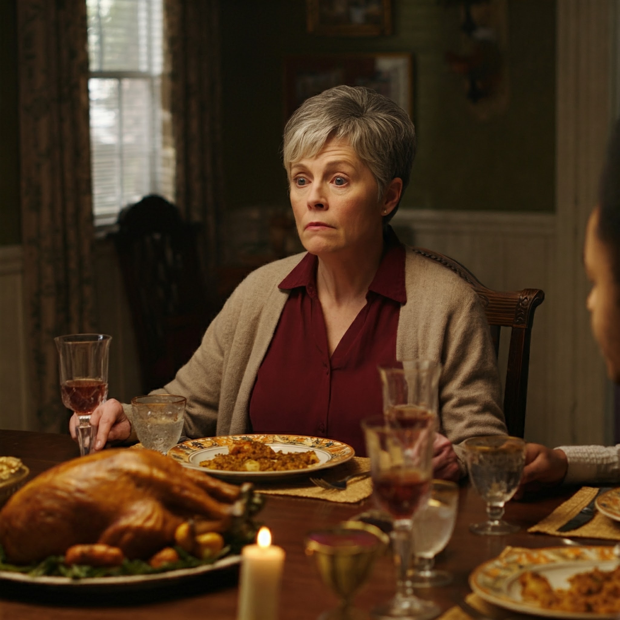 An older woman looks scared while sitting at dining table for Thanksgiving | Source: Gemini