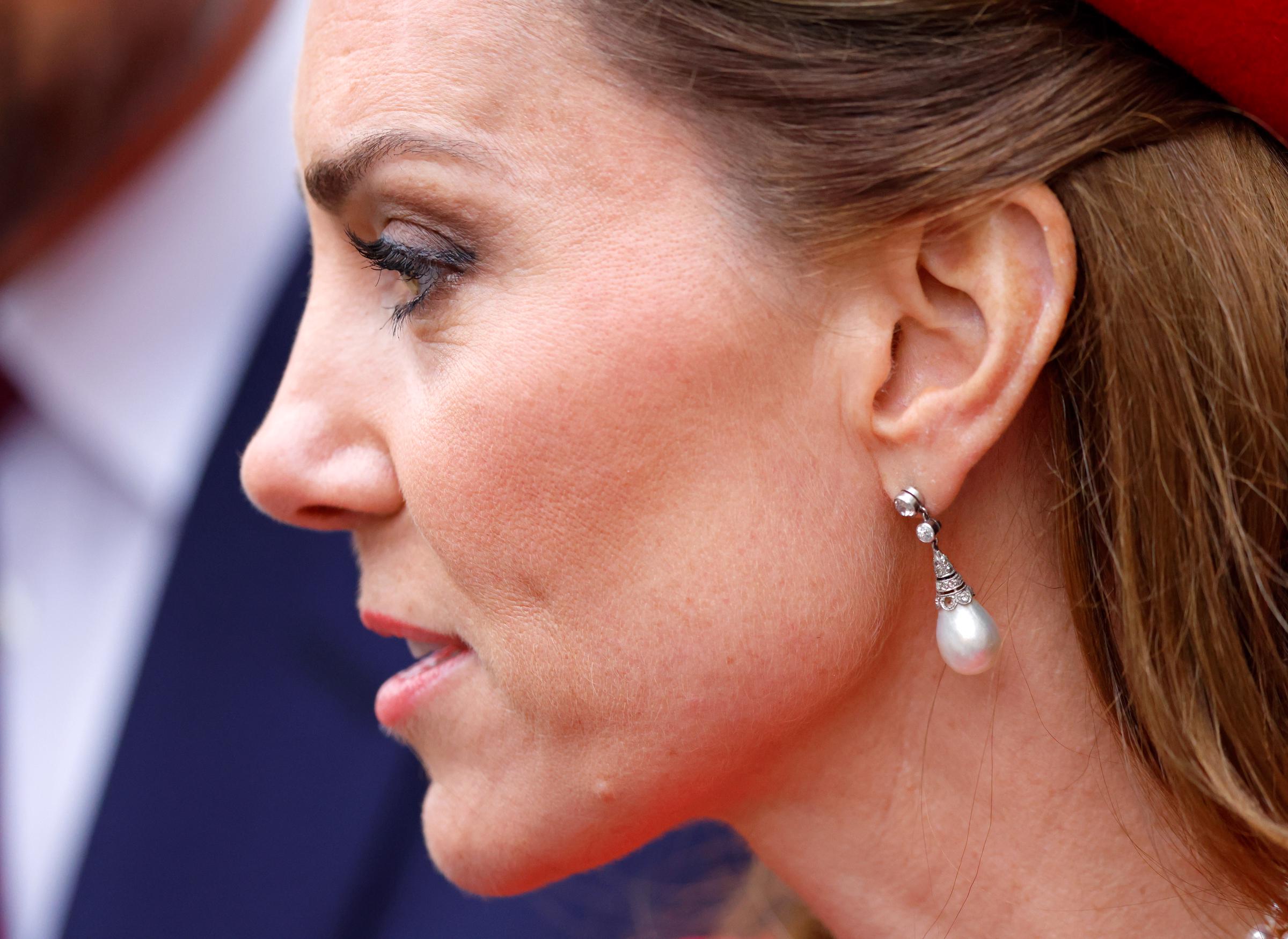 Catherine, Princess of Wales, wearing her Collingwood pearl and diamond earrings previously owned by Princess Diana, at the annual Commonwealth Day Service of Celebration on March 10, 2025, in London. | Source: Getty Images