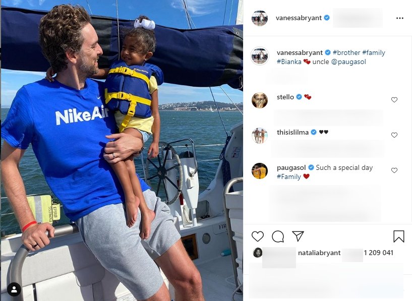 A picture of Pau Gasol carrying Capri Bryant on a boat. | Photo: Instagram/Vanessabryant