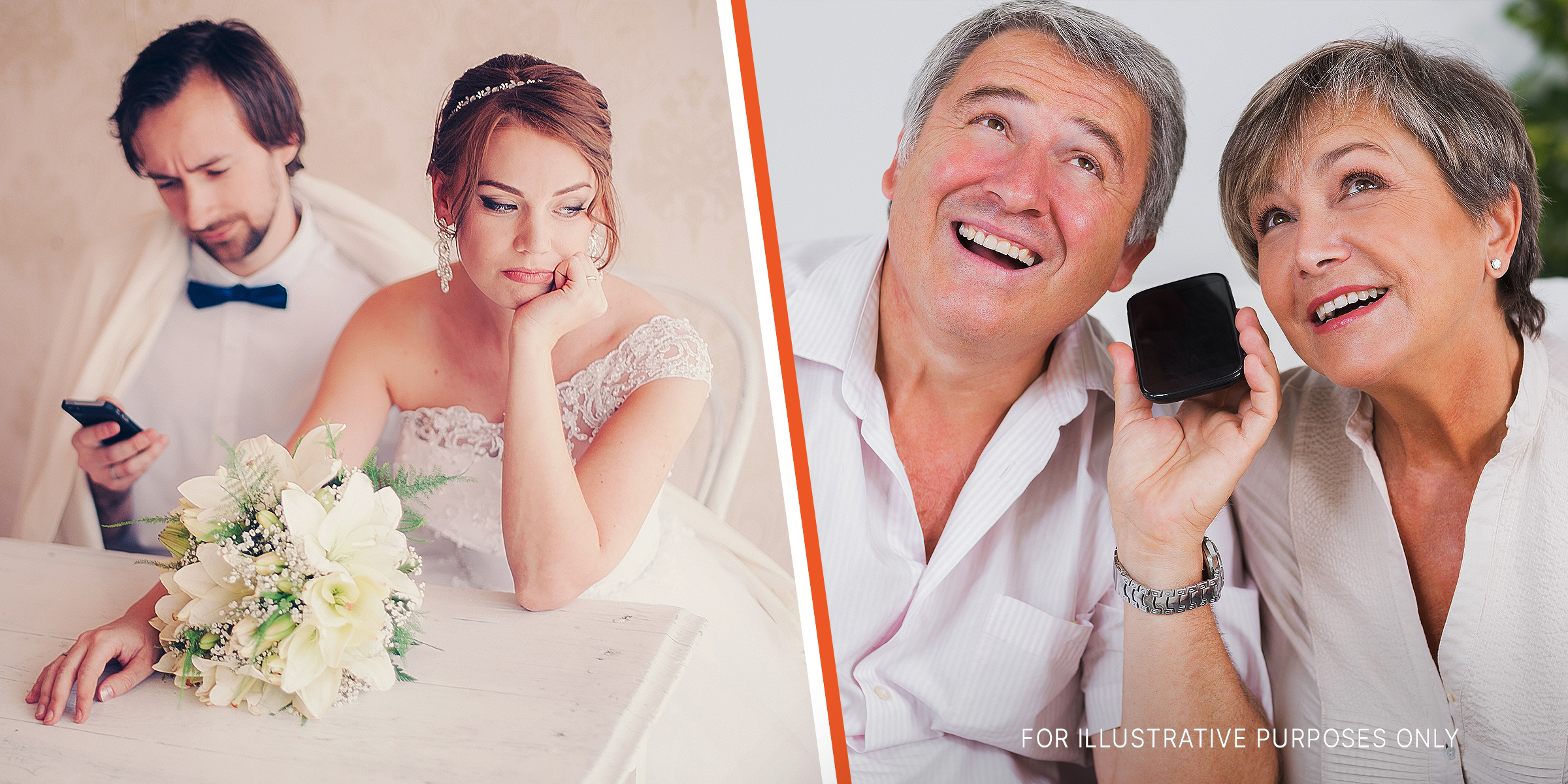 A groom looking up set while looking at his phone, as his bride looks disappointed | An older company smiling while leaving a voice message | Source: Shutterstock