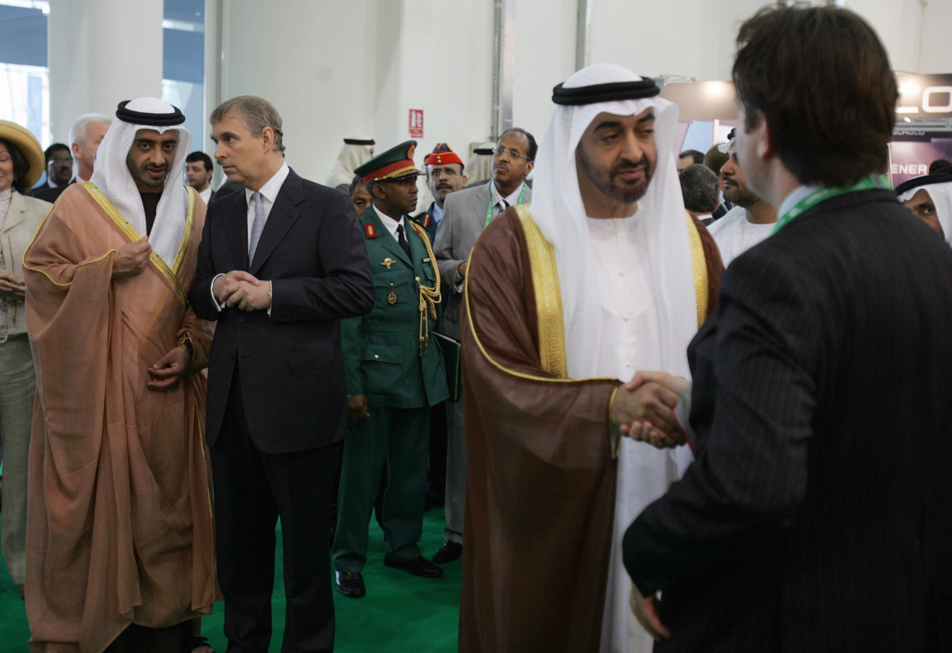 Andrew Mountbatten-Windsor photographed with Abdullah bin Zayed Al Nahyan and Mohammed bin Zayed Al Nahyan during the opening ceremony of the World Future Energy Summit on January 21, 2008, in the Emirati capital. | Source: Getty Images