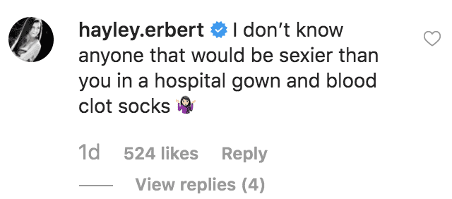 Hayley Erbert comments on a video of Derek Hough dancing in a hospital gown | Source: instagram.com/derekhough