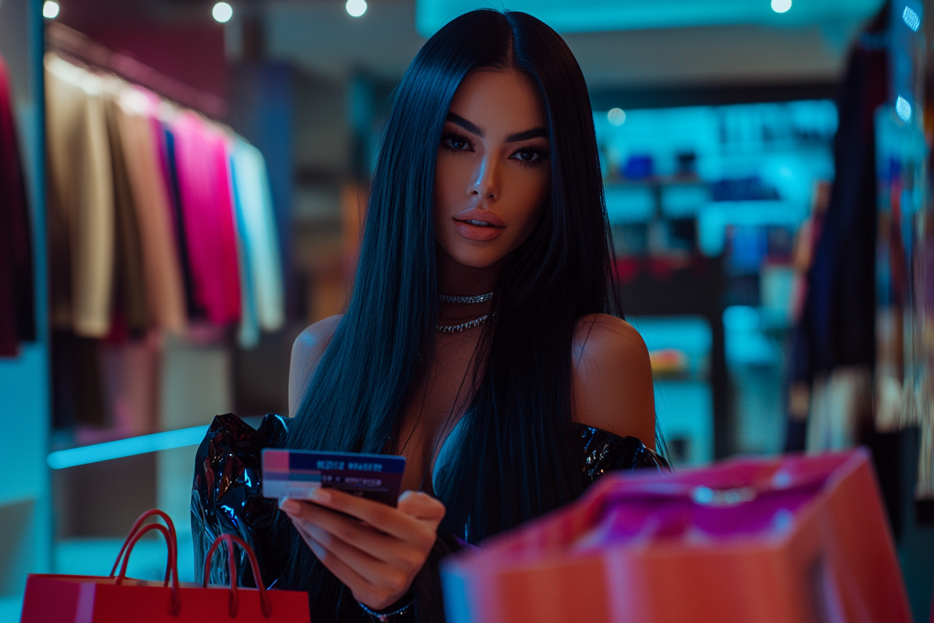 A woman using her credit card in a store | Source: Midjourney