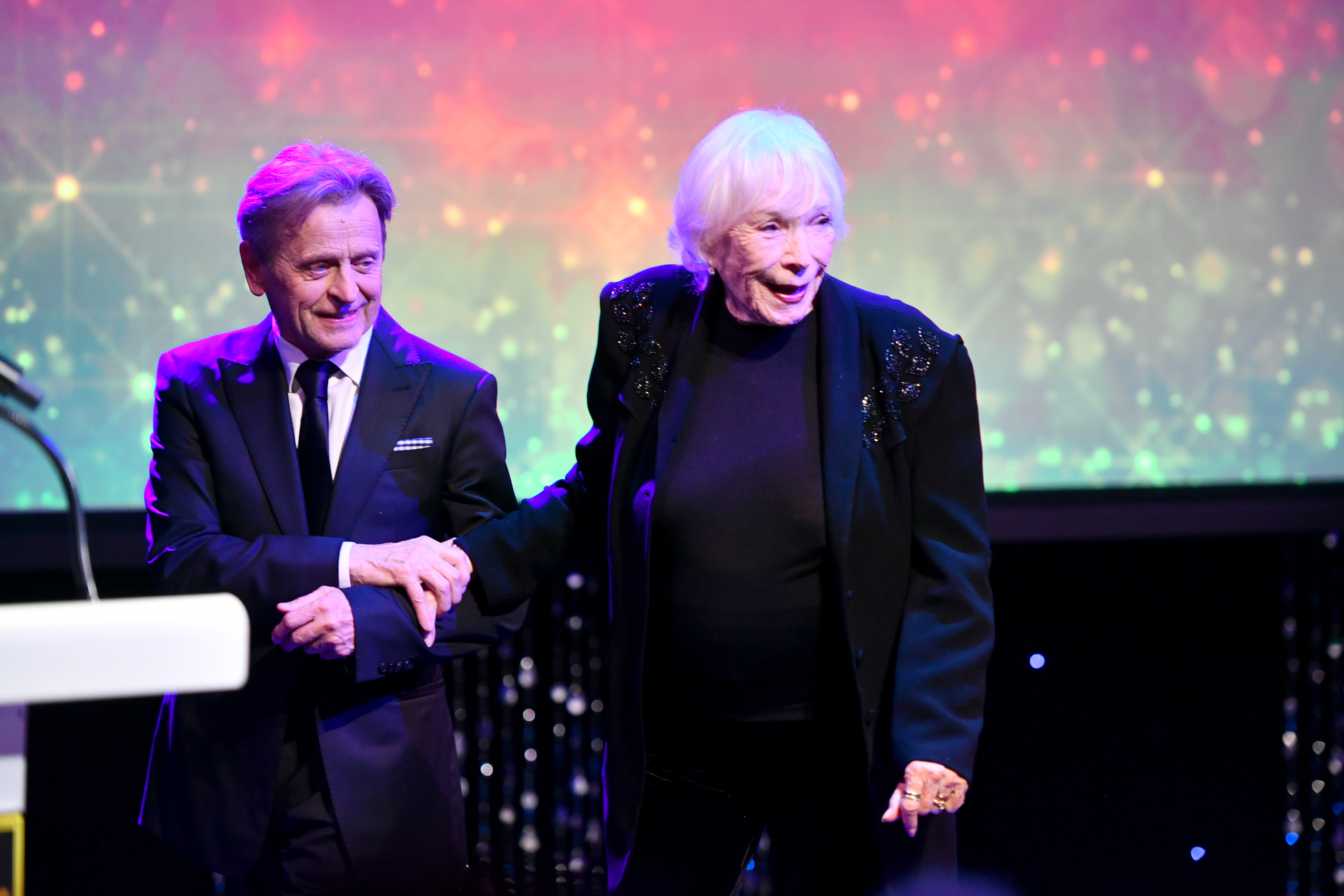 Mikhail Baryshnikov and the actress are seen onstage during the inaugural Dance Hall of Fame ceremony honoring the most influential artists in dance history at Glorya Kaufman Community Center on December 3, 2025 in Culver City, California | Source: Getty Images