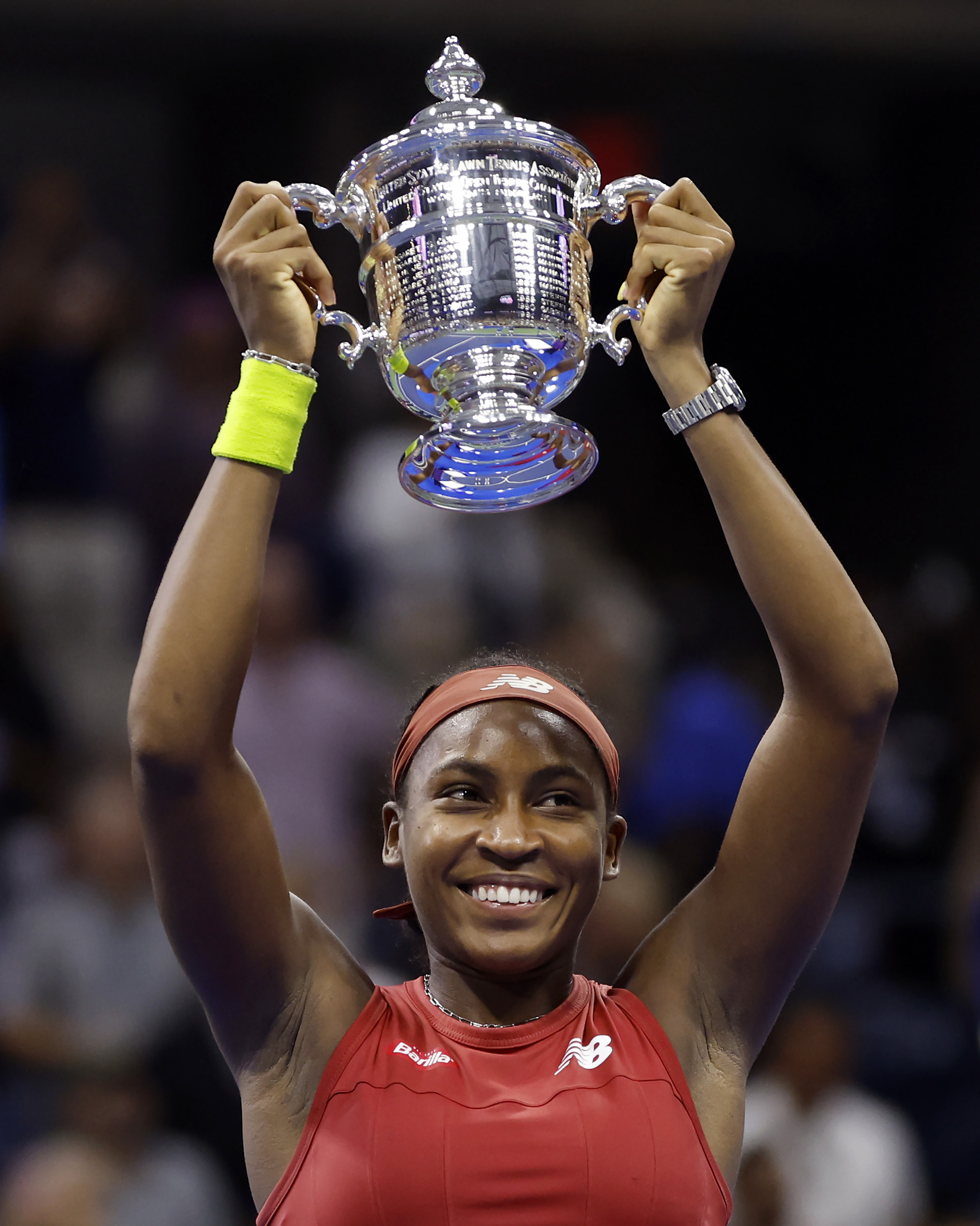 Coco Gauff celebrates her Grand Slam victory at the 2023 US Open final match at the USTA Billie Jean King National Tennis Center on September 09, 2023 in New York City | Source: Getty Images