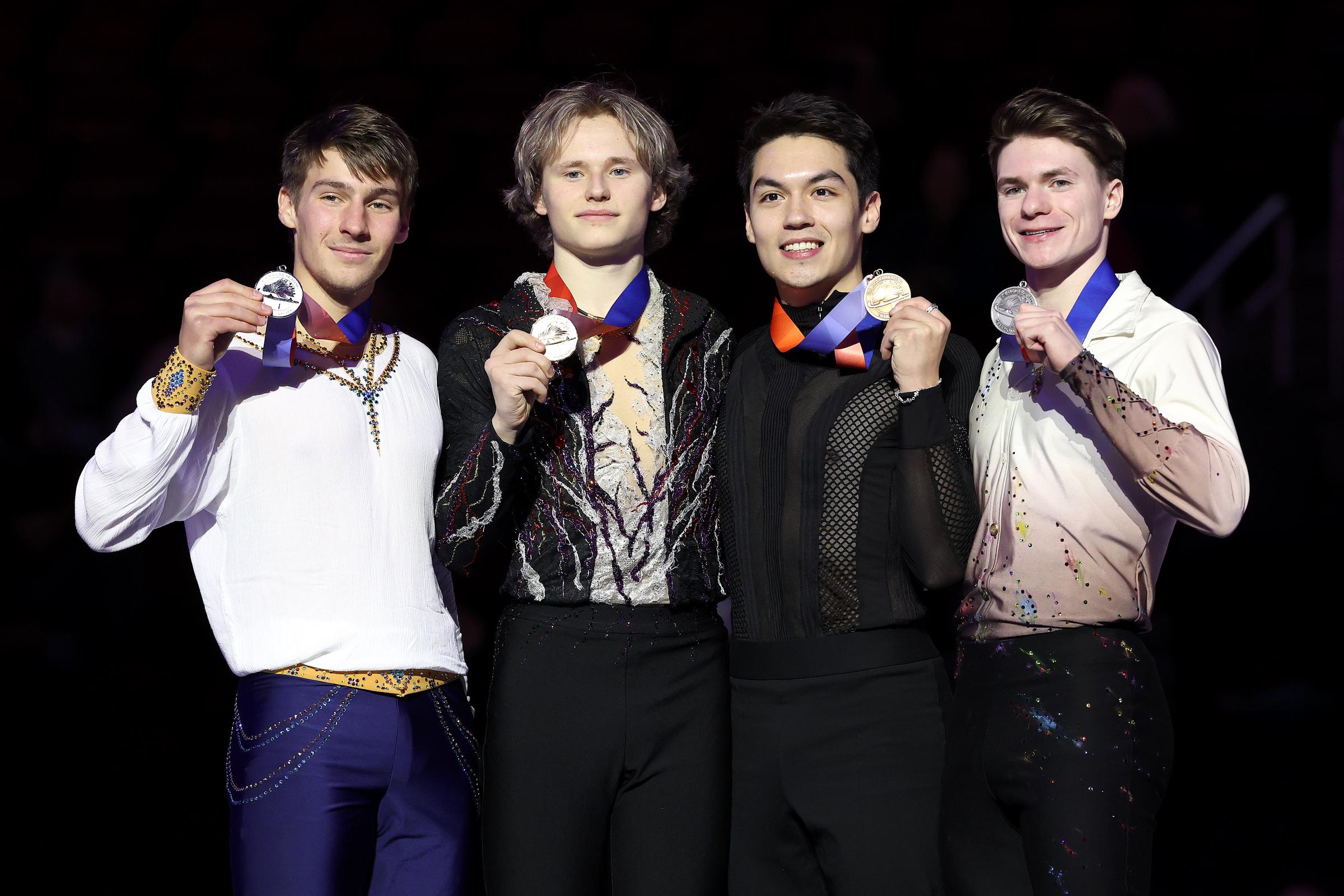 Andrew Torgashev, Ilia Malinin, Camden Pulkinen, and Maxim Naumov pose after the medal ceremony for the Championship Men during the 2025 Prevagen US Figure Skating Championships at Intrust Bank Arena in Wichita, Kansas, on January 26, 2025 | Source: Getty Images