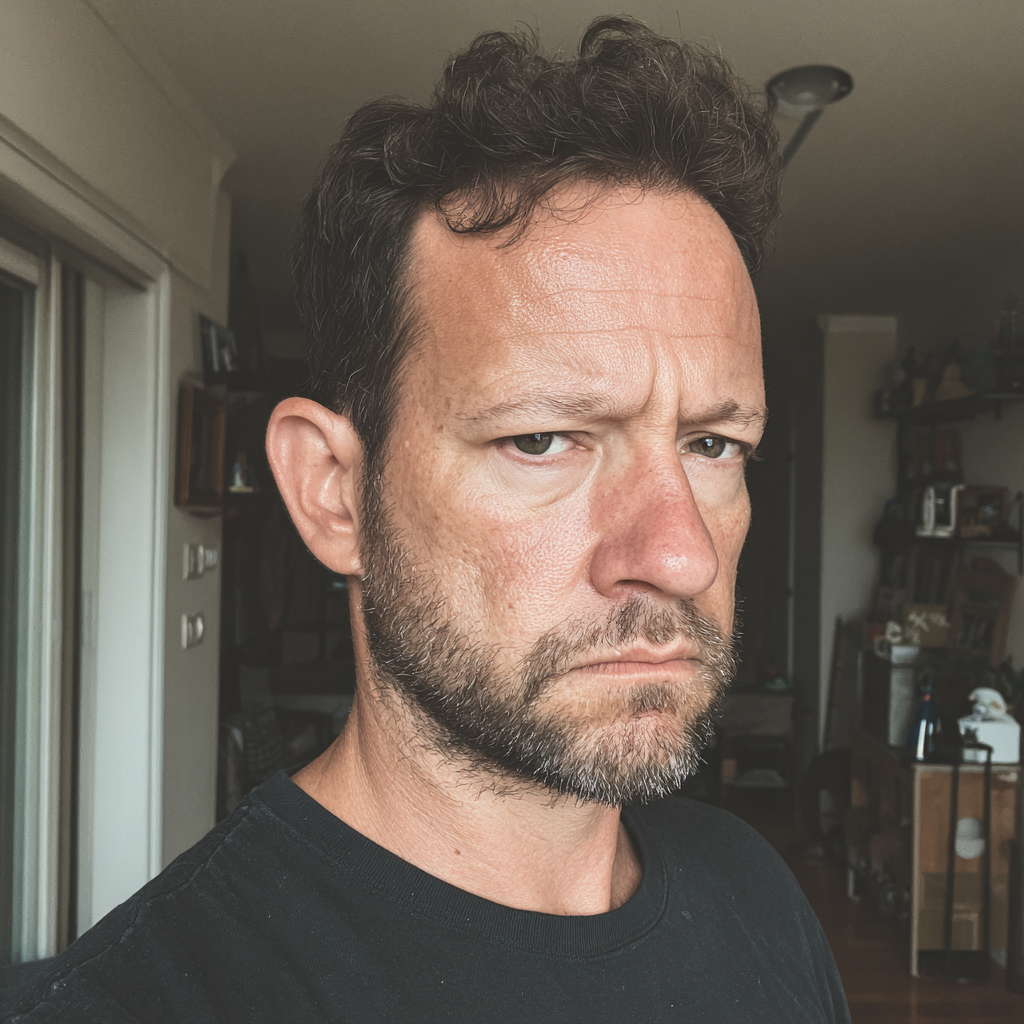 A frowning man wearing a black t-shirt | Source: Midjourney