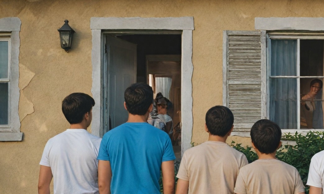 Concerned neighbors gathering outside John's house | Source: Midjourney