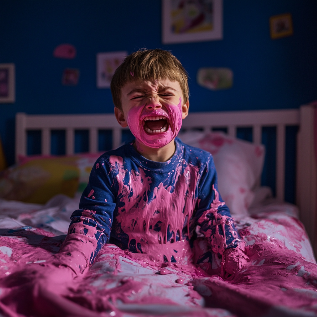 A child covered in pink paint | Source: Midjourney