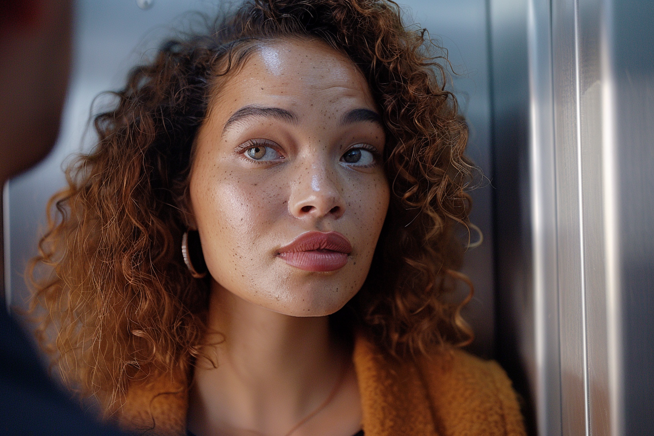 A woman looking at a man in an elevator | Source: Midjourney