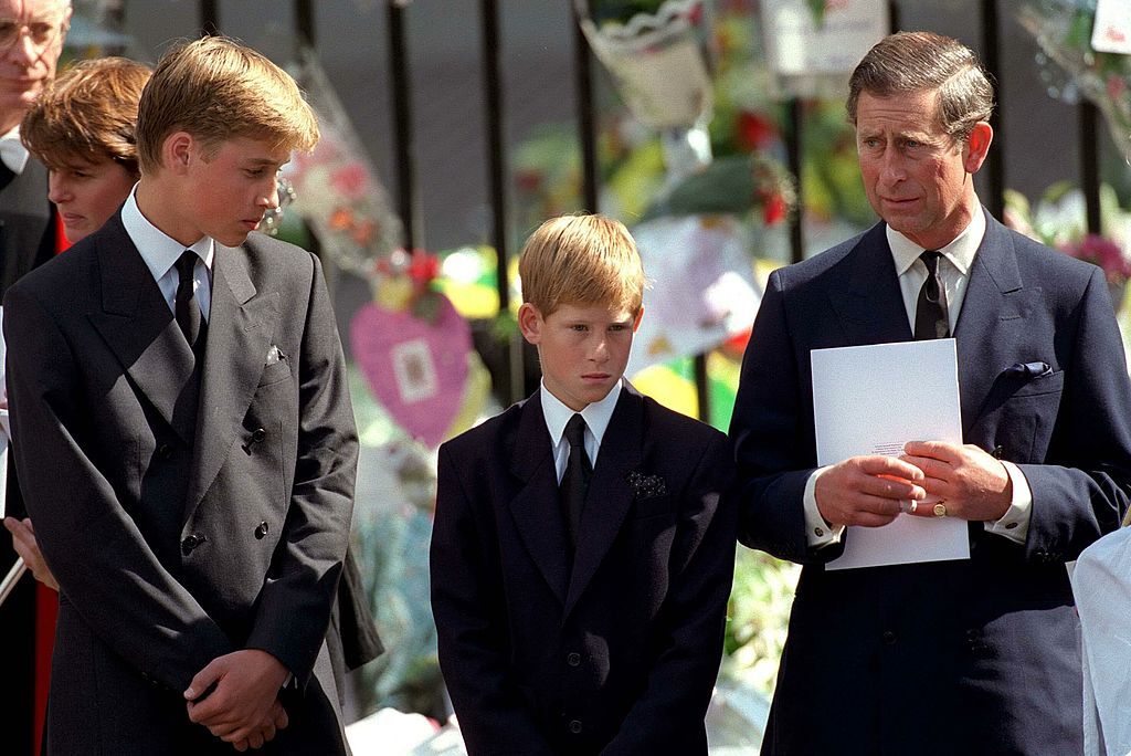 Prince Harry with his brother and father at his mother's funeral/ Source: Getty Images