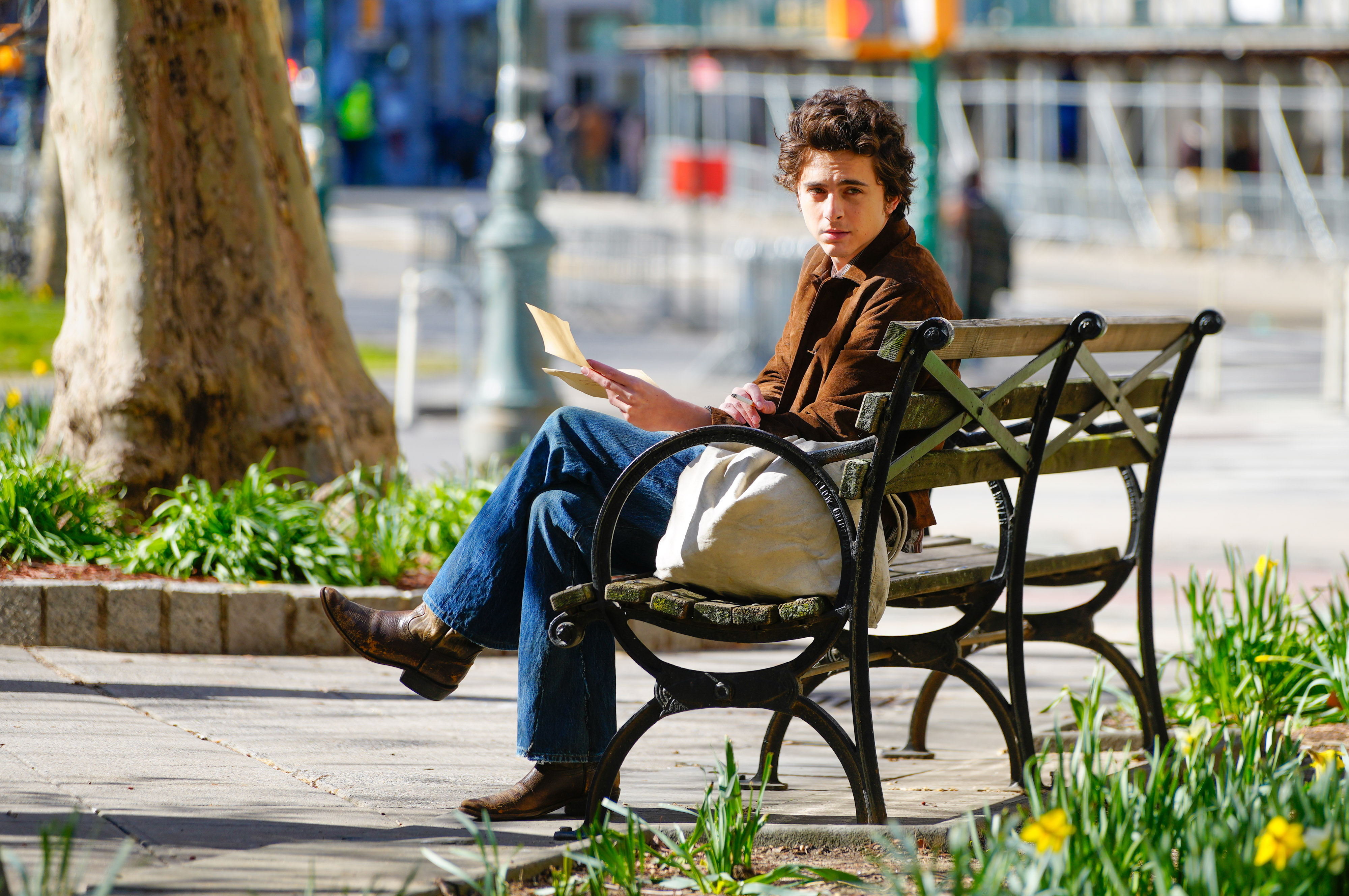 Timothée Chalamet films as Bob Dylan in "A Complete Unknown" in New York City on March 24, 2024 | Source: Getty Images