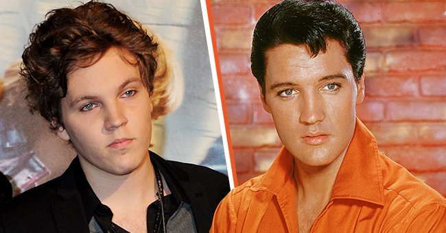 Elvis Presley, dressed in an orange open-neck shirt in the mid 1960s in a side by side photo with his late grandson, Benjamin Keough. | Source: Getty Images