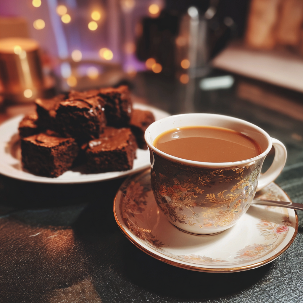 Tea and brownies on a coffee table | Source: Midjourney