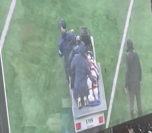 Tyler Badie being carted off by sports personnel. | Source: X/@_MLFootball