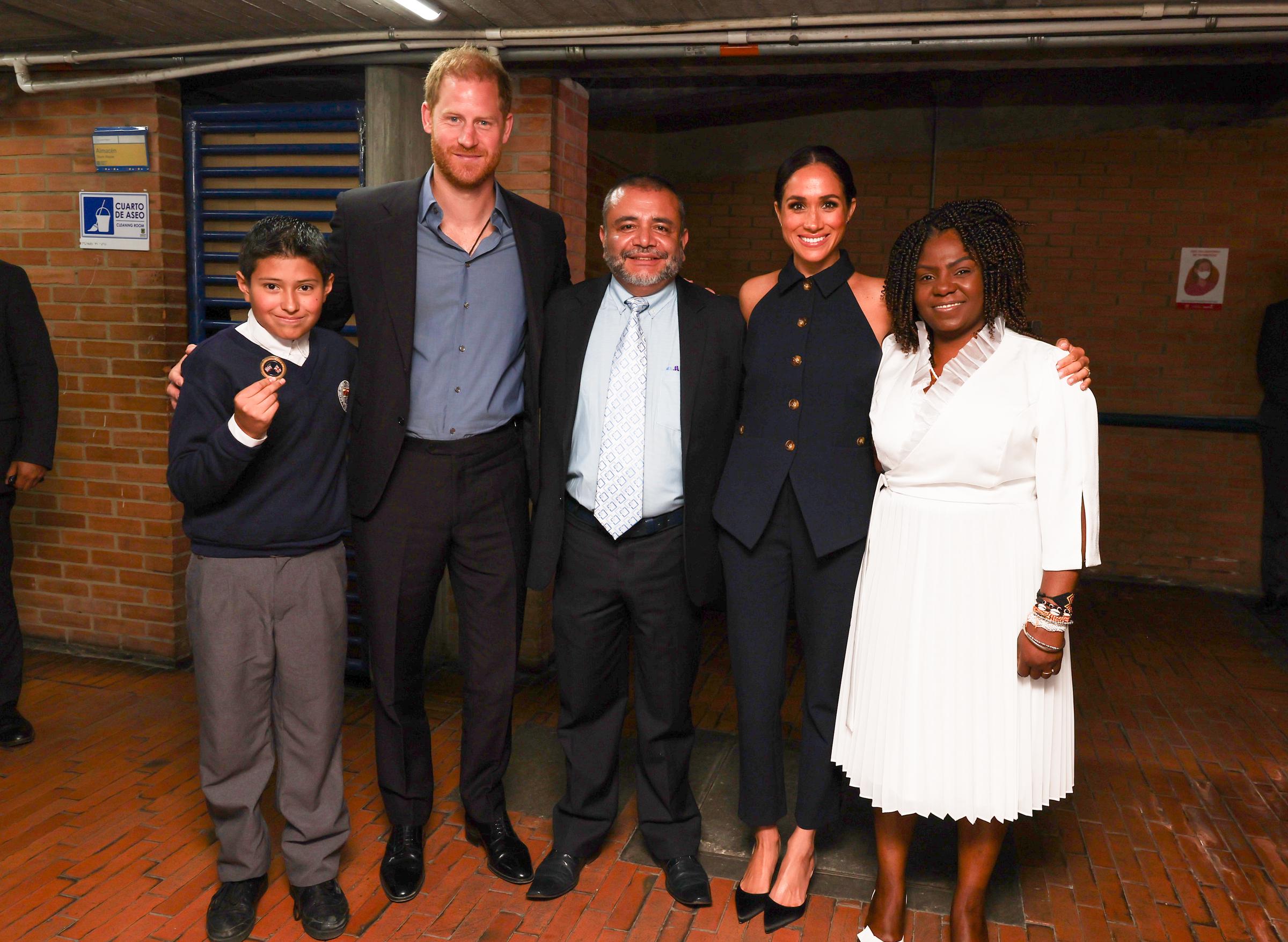 José David, Prince Harry, Duke of Sussex, Leonel Umaña Parra, Meghan, Duchess of Sussex, and Colombia Vice President Francia Márquez visit a local charter school, Colegio Cultura Popular in Bogota, Colombia, on August 15, 2024 | Source: Getty Images