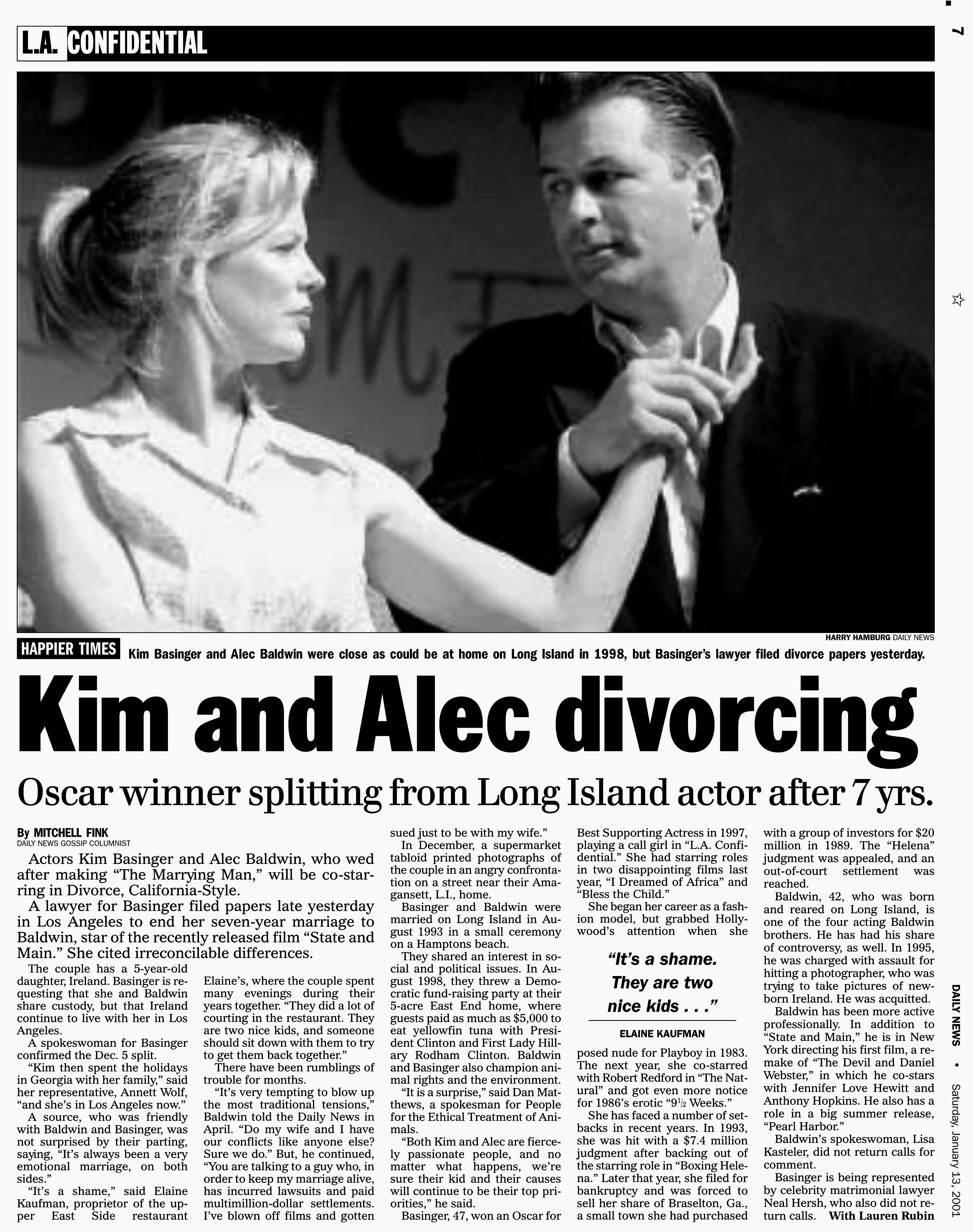  Headline: Kim Basinger and Alec Baldwin  divorcing -- Daily News page 7, January 13, 2001 | Source: Getty Images