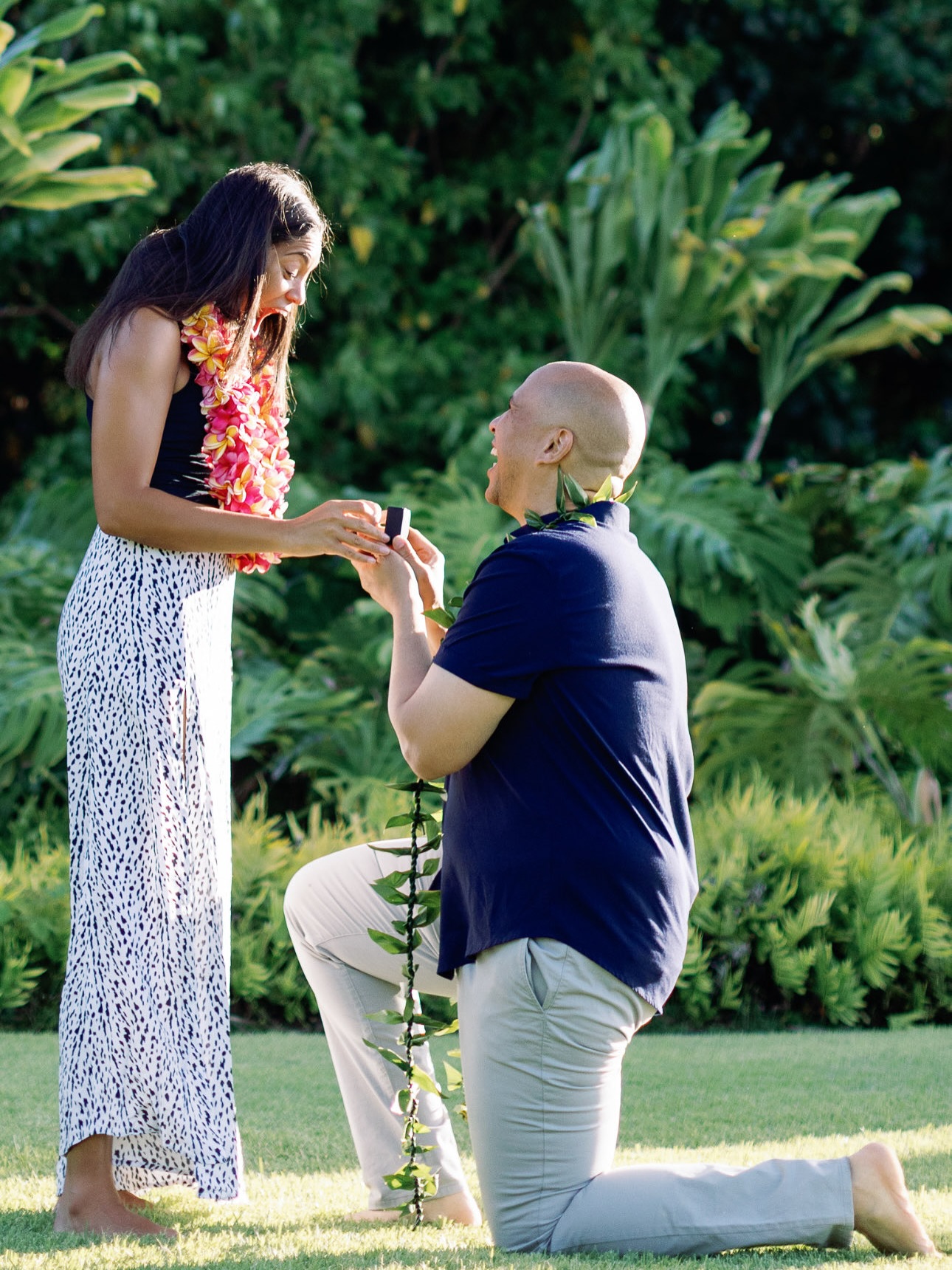 Kneeling on the grass, Cory Booker holds out a ring box as Alexis Lewis reacts with wide-eyed surprise. The proposal unfolds in a quiet, emotional moment framed by tropical foliage. | Source: Instagram/corybooker