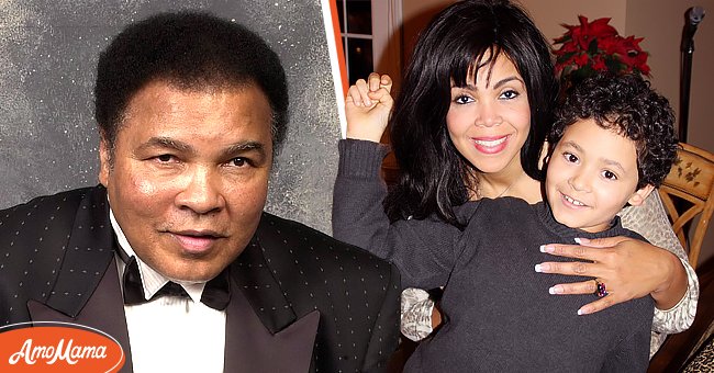 A portrait of Muhammad Ali in a Tuxedo from 2002 [Left] An older photo of Khaliah and her son Jacob which she shared on Instagram in 2019 [Right] | Photo: Getty Images & Instagram/khaliahali