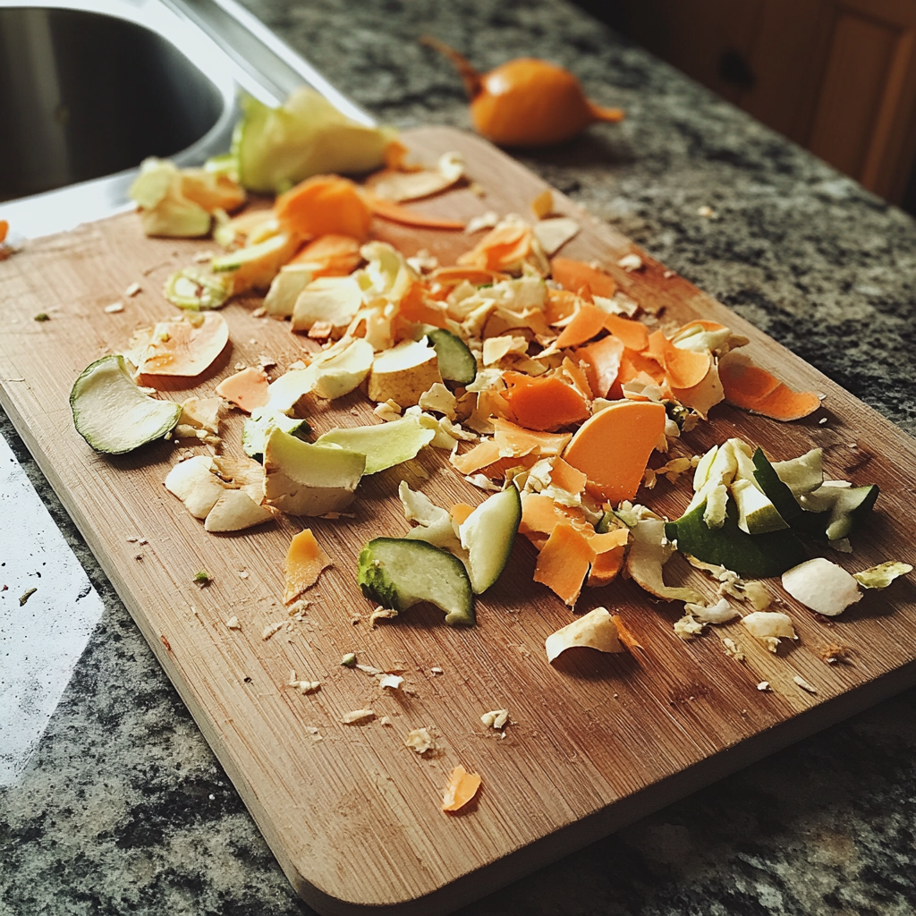 Vegetable scraps on a cutting board | Source: Midjourney