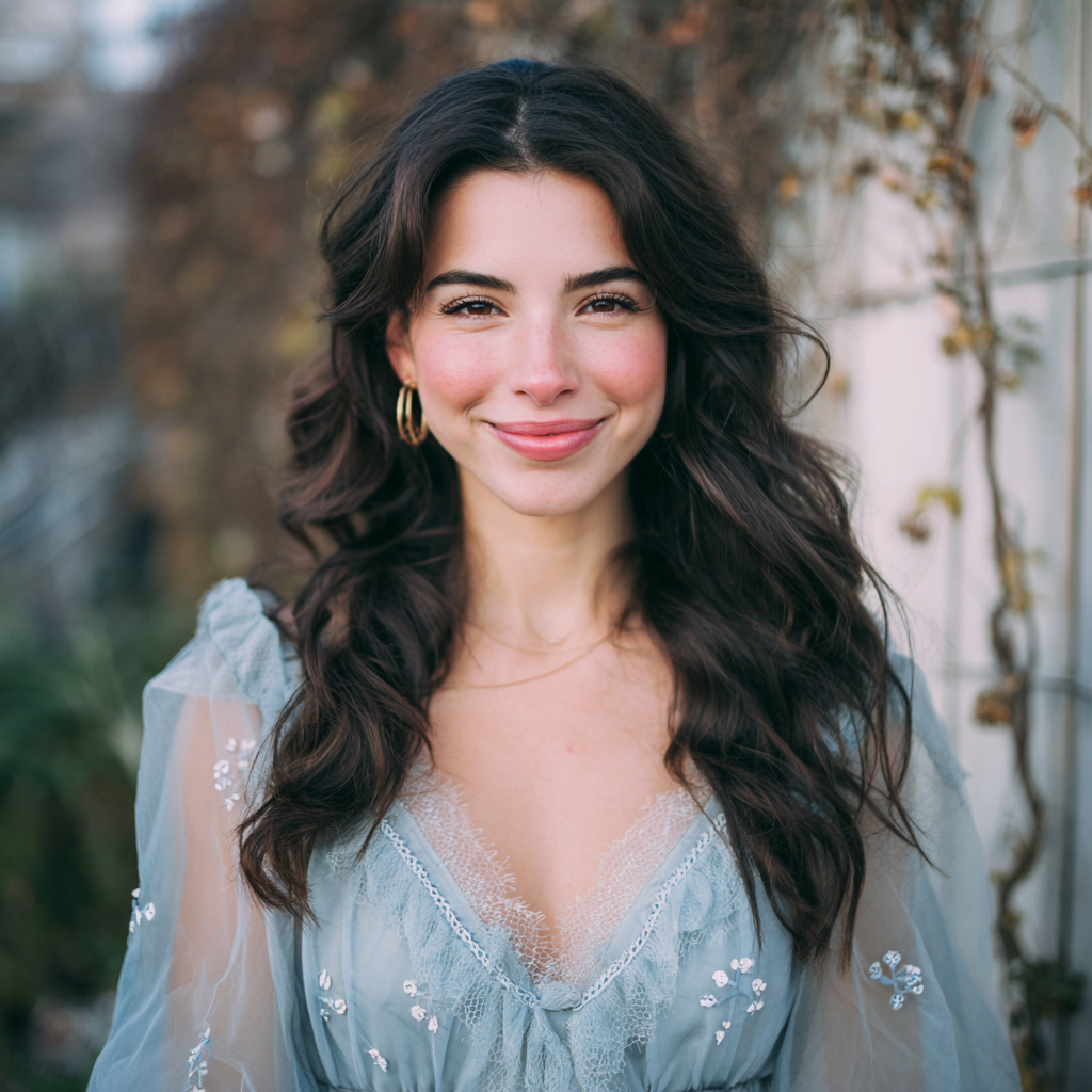 A smiling woman wearing a soft blue dress | Source: Midjourney