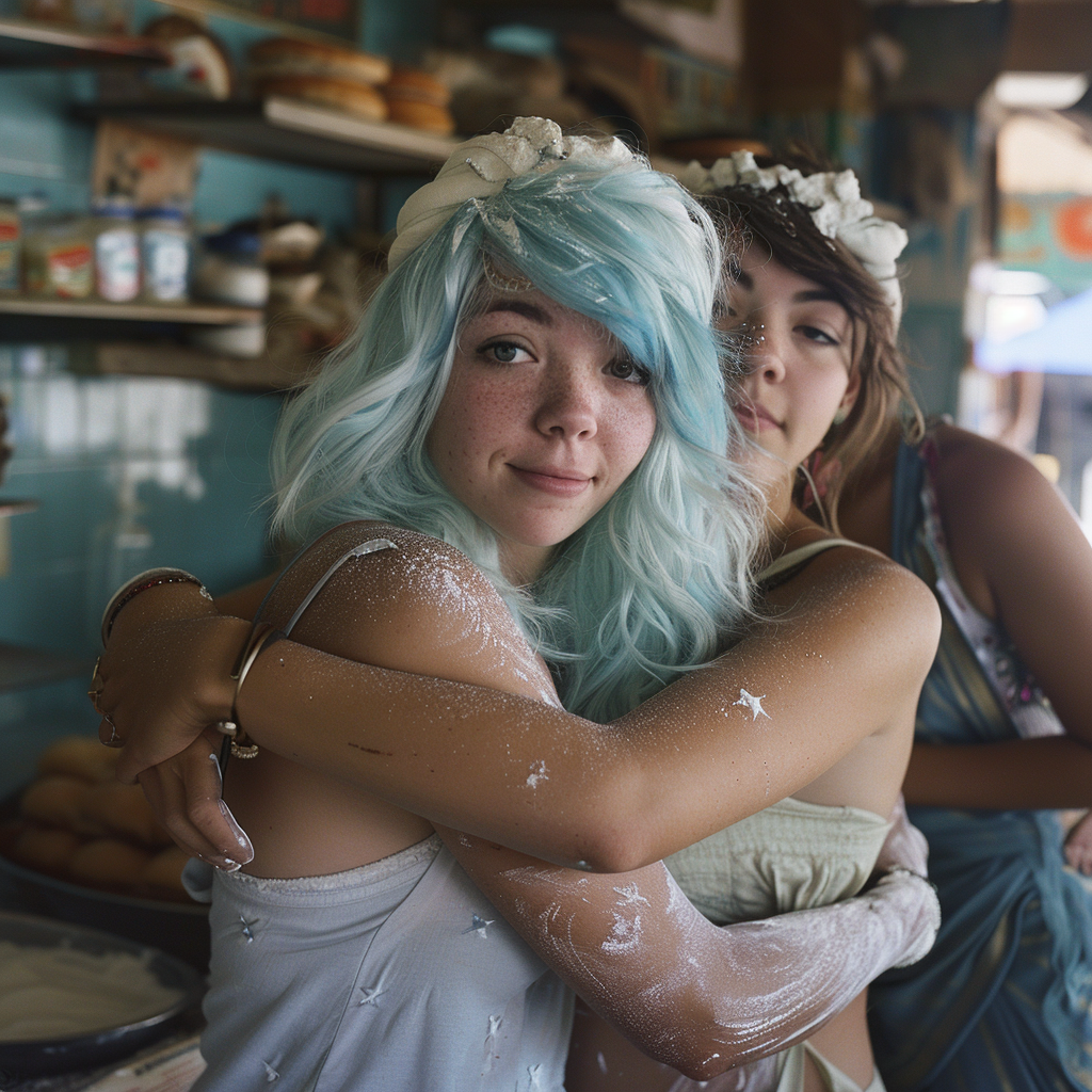 Two women hugging in a bakery as another stands in the background | Source: Midjourney