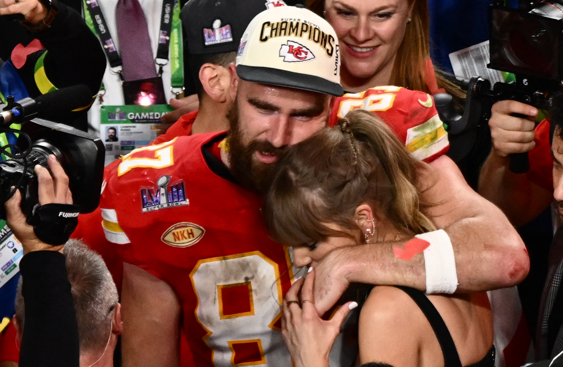 Travis Kelce and Taylor Swift during Super Bowl LVIII on February 11, 2024 in Las Vegas, Nevada | Source: Getty Images