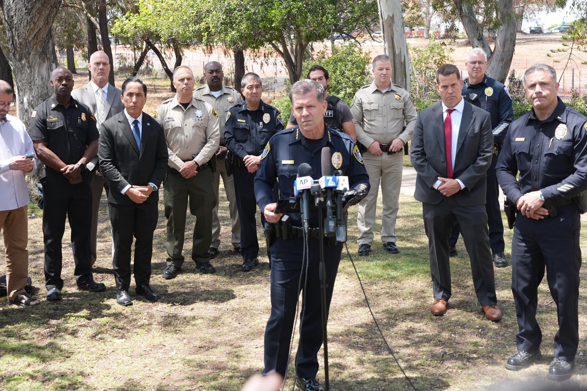 Officials speak during a press briefing near the Islamic Center of San Diego on May 18, 2026 | Source: Getty Images