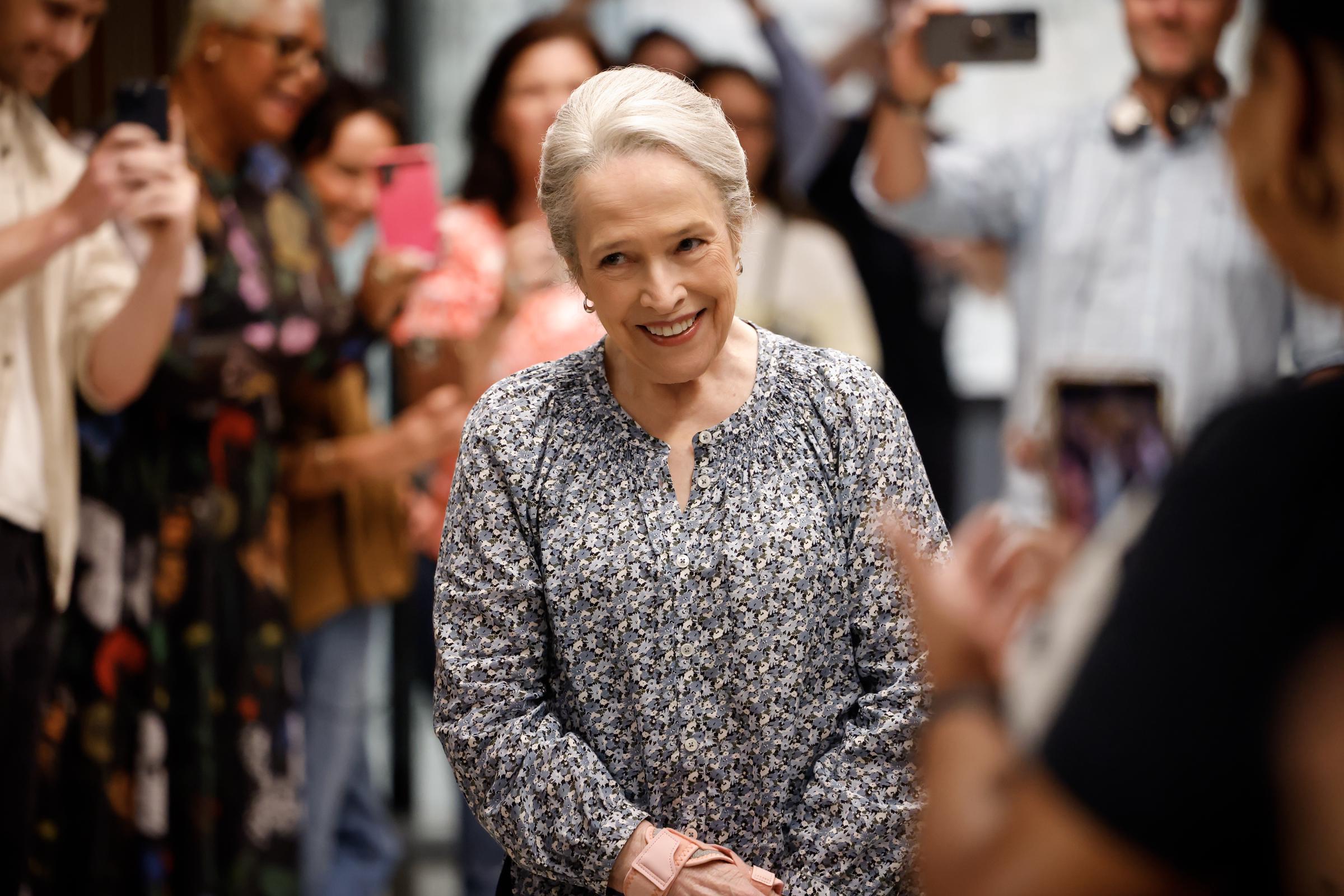 Kathy Bates on the set of CBS's "Matlock," celebrated by cast and crew after her Emmy nomination in Los Angeles, on July 15, 2025 | Source: Getty Images