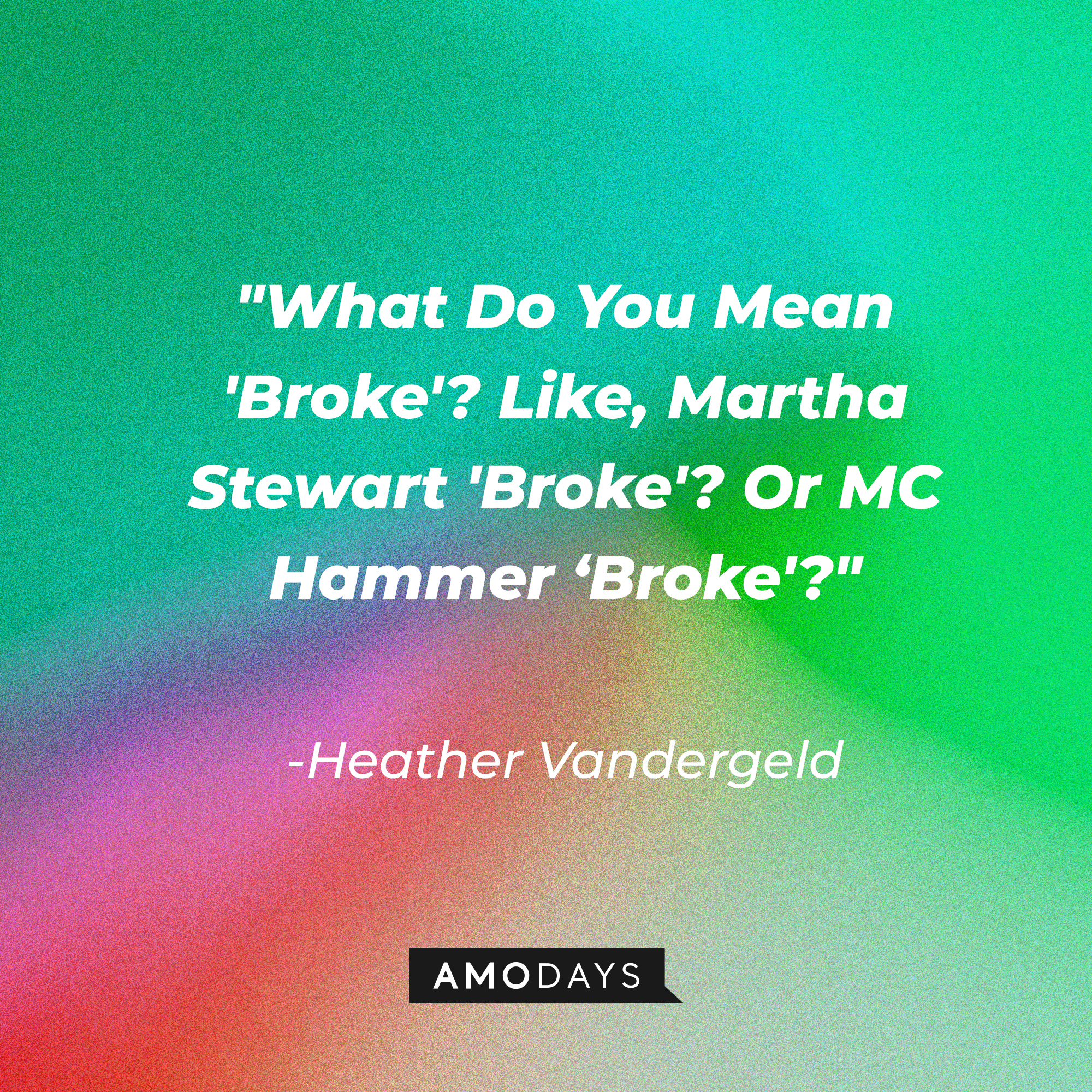 Heather Vandergeld's quote: "What Do You Mean 'Broke'? Like, Martha Stewart 'Broke'? Or MC Hammer 'Broke'?" | Source: Amodays