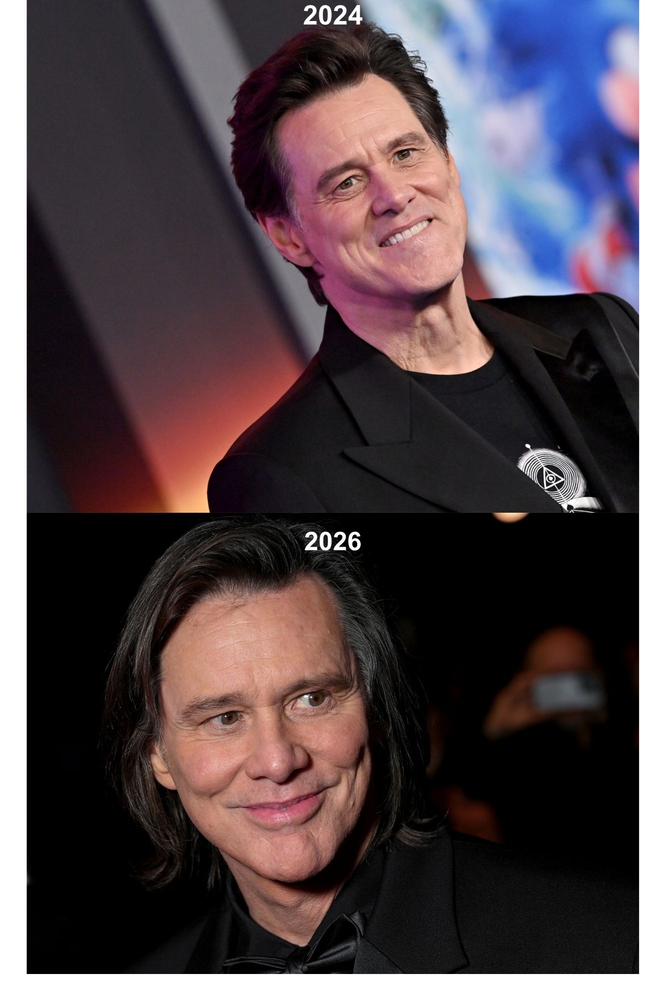 Two photos showing Jim Carrey; the one above was taken at the premiere of "Sonic the Hedgehog 3" in 2024 and the one below was taken at the 51st Cesar Film Awards in 2026. | Source: Getty Images