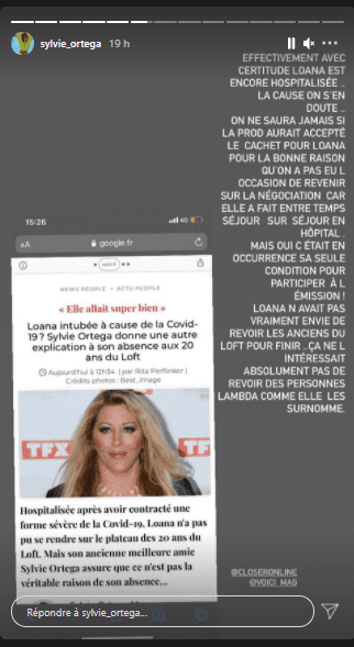 Capture d'écran de la story Instagram de Sylvie Ortega | Photo : Instagram/sylvie_ortega/