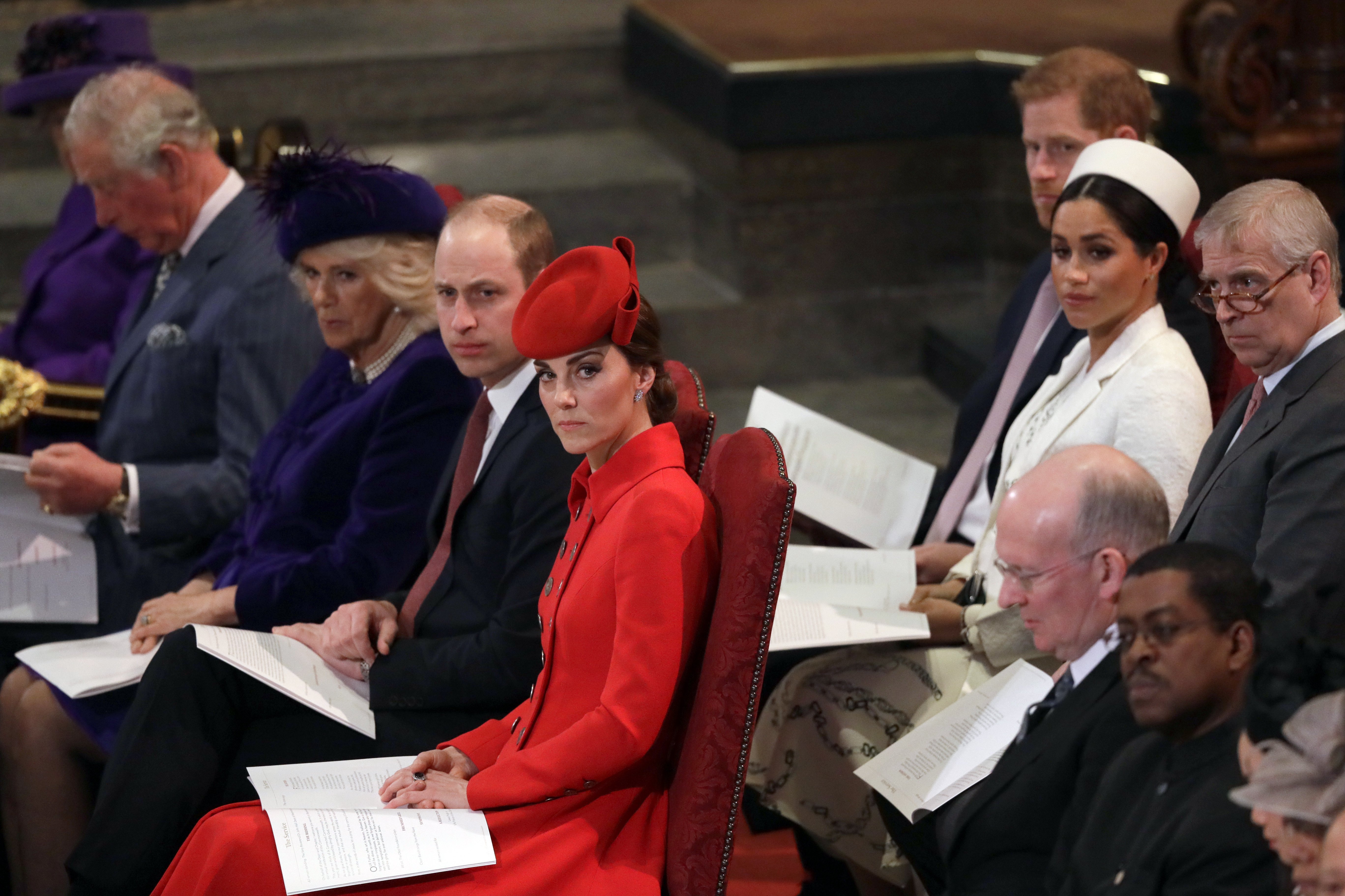 Kate Middleton and Meghan Markle with Prince William, Prince Harry, Camilla Parker-Bowles, Prince Charles and Prince Andrew at the Commonwealth Service at Westminster Abbey in London, England | Photo: Getty Images