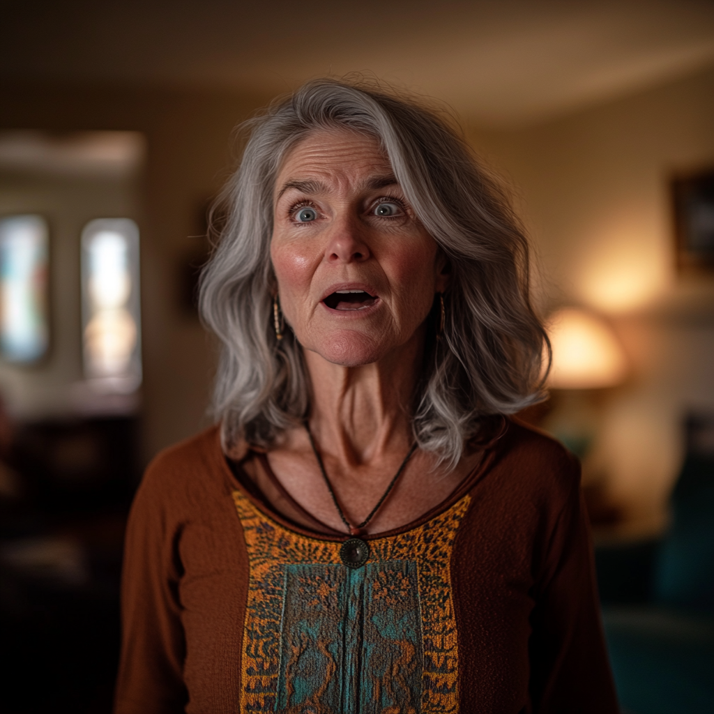 A shocked and hurt senior woman standing in a room | Source: Midjourney