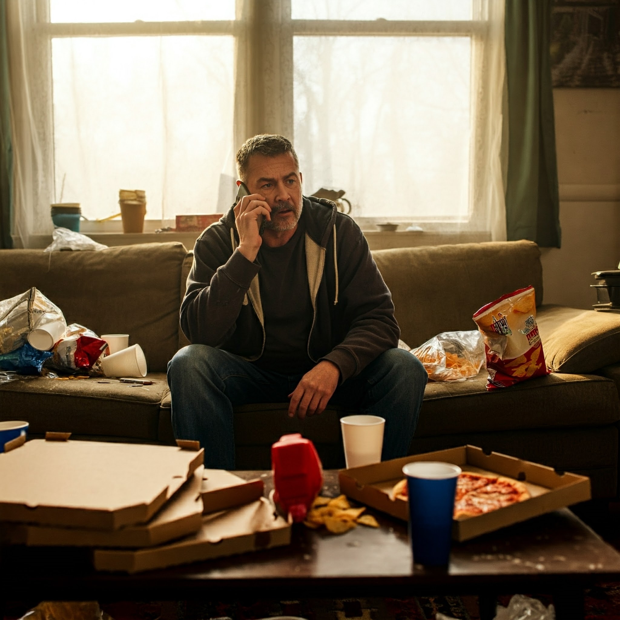 A man on the phone in a messy living room | Source: Gemini