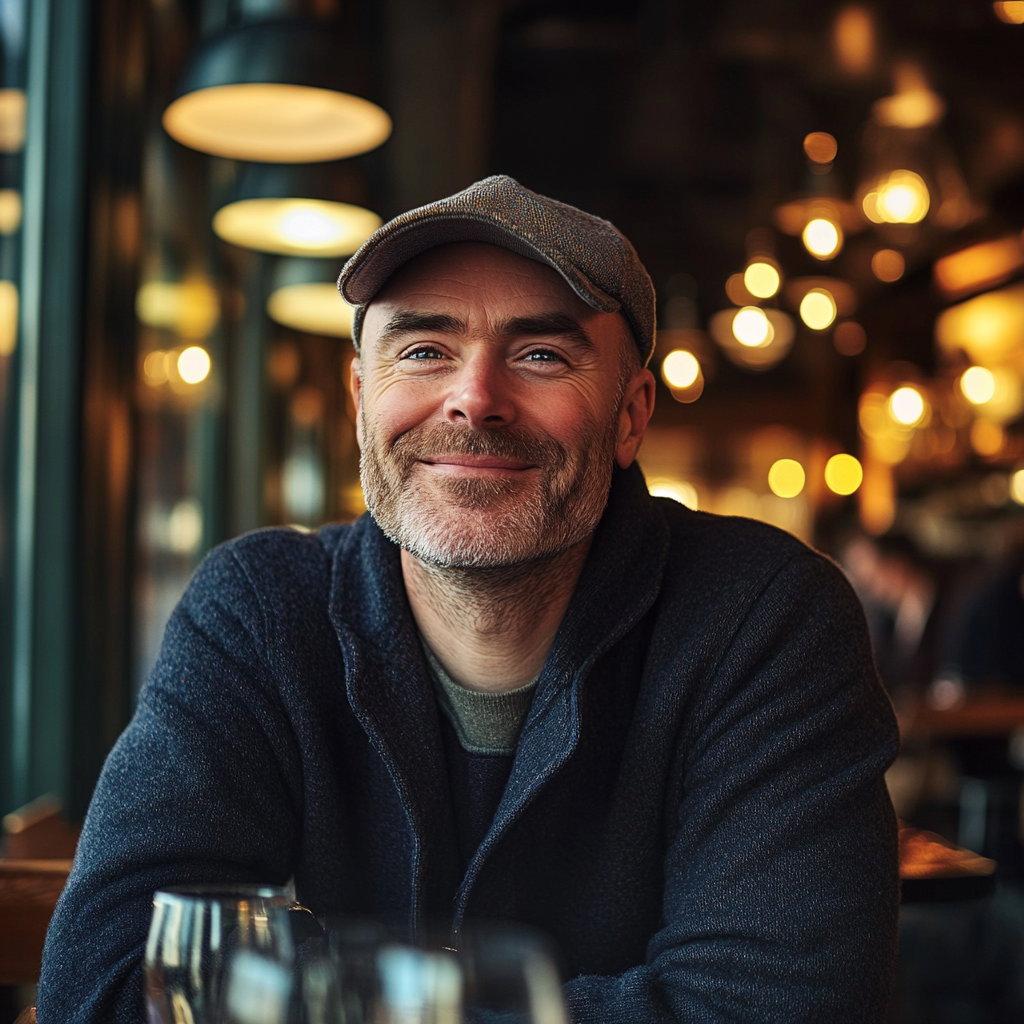 A man with a sly smile sitting in an upscale restaurant | Source: Midjourney