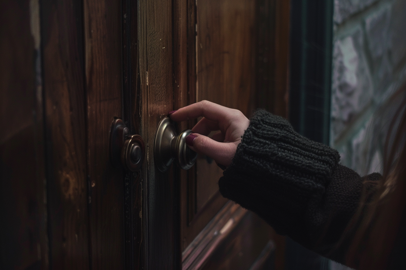 A womans hand on a doorknob | Source: Midjourney