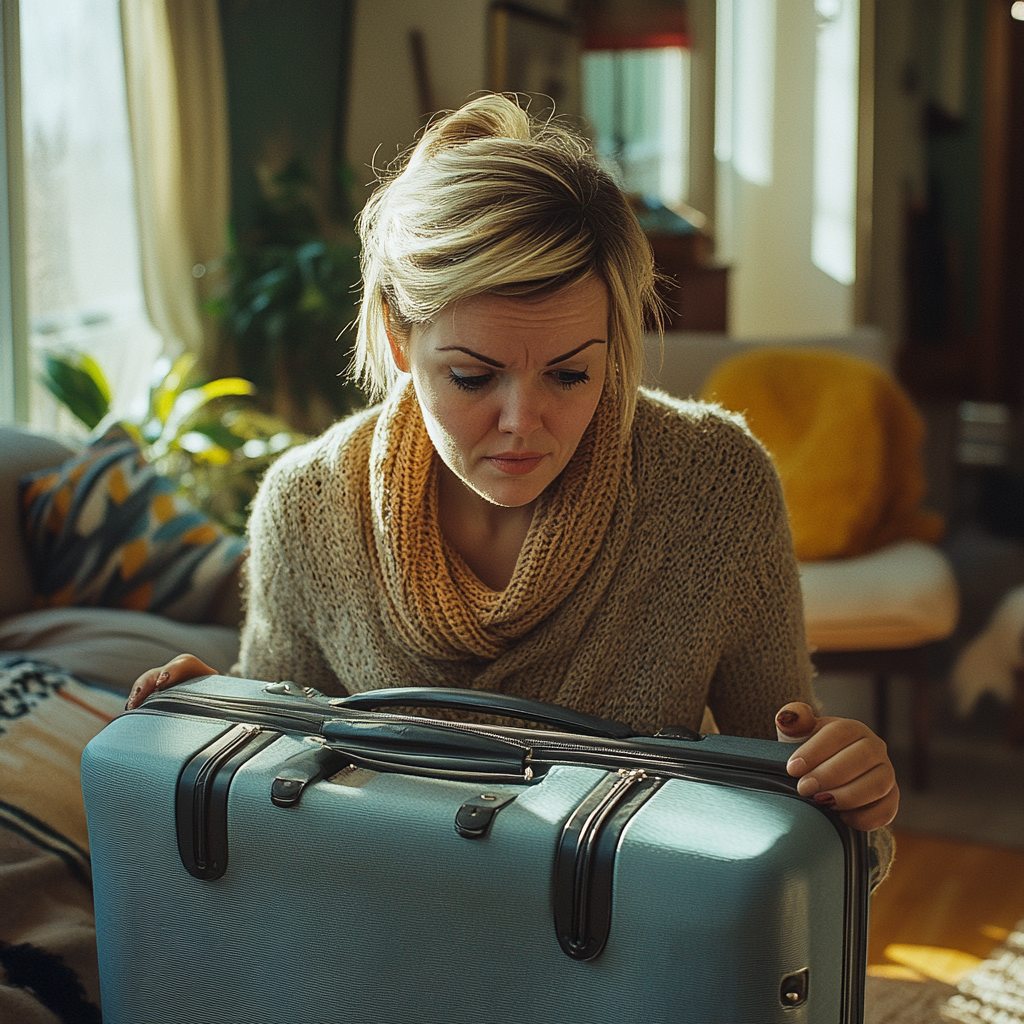 A rattled woman picks up a suitcase on her way out | Source: Midjourney