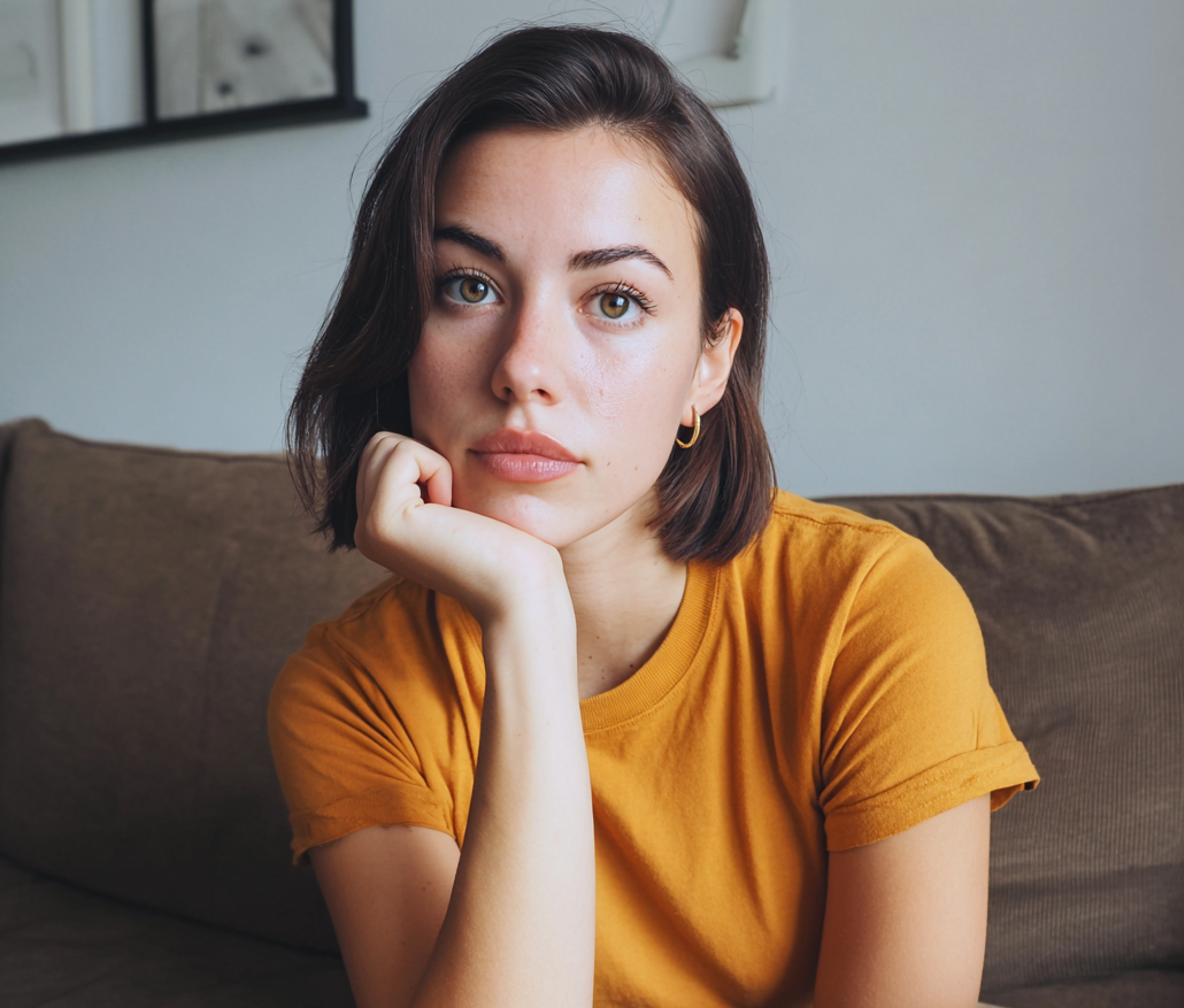 A pensive woman sitting on a couch | Source: Midjourney