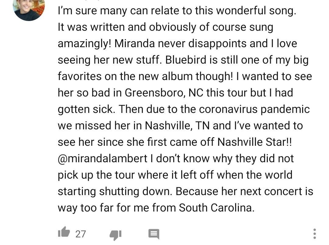 Fan comments underneath Miranda Lambert's music video for "Dark Bars" released July 9, 2020 | Photo: YouTube/ Miranda Lambert