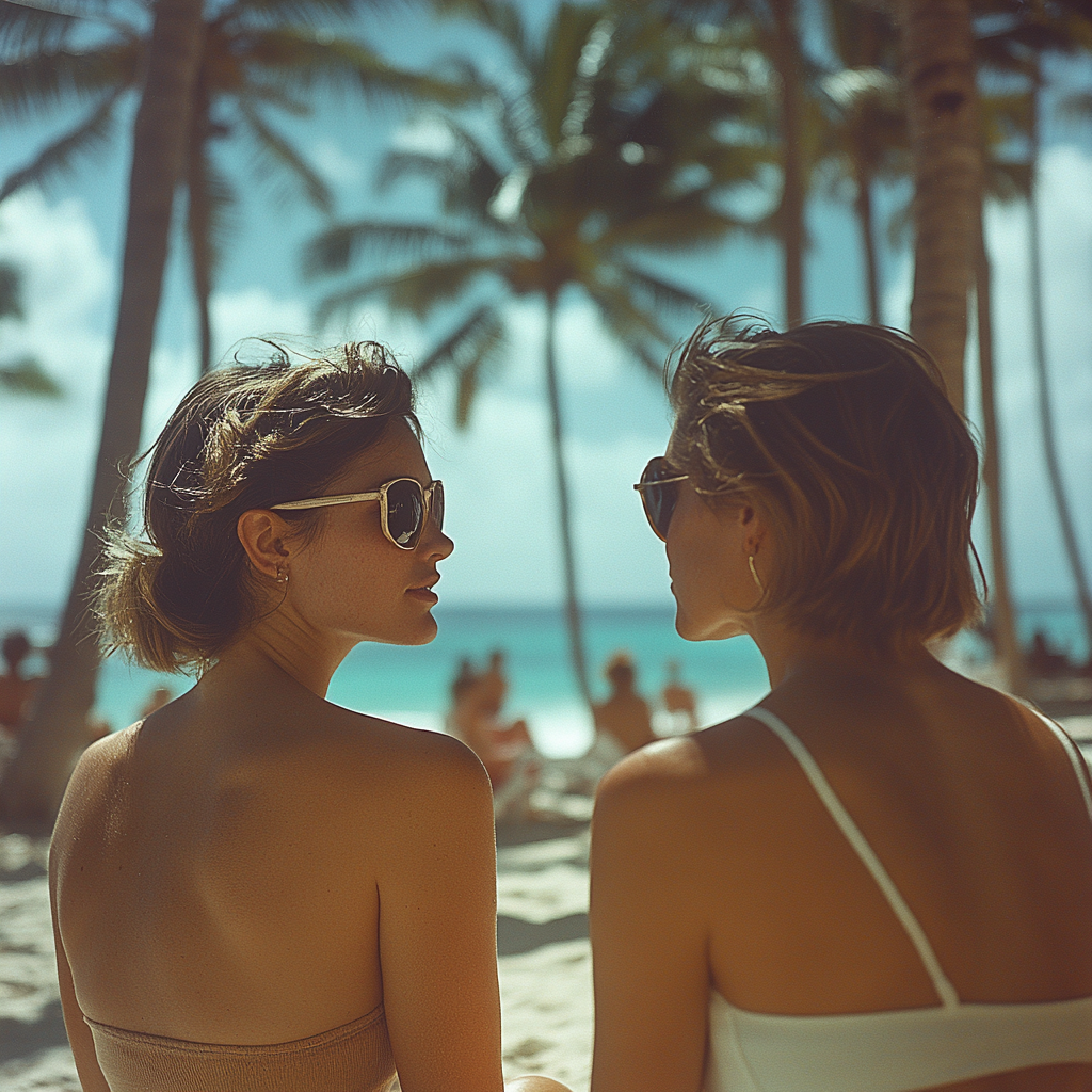 Two women whispering on the beach | Source: Midjourney