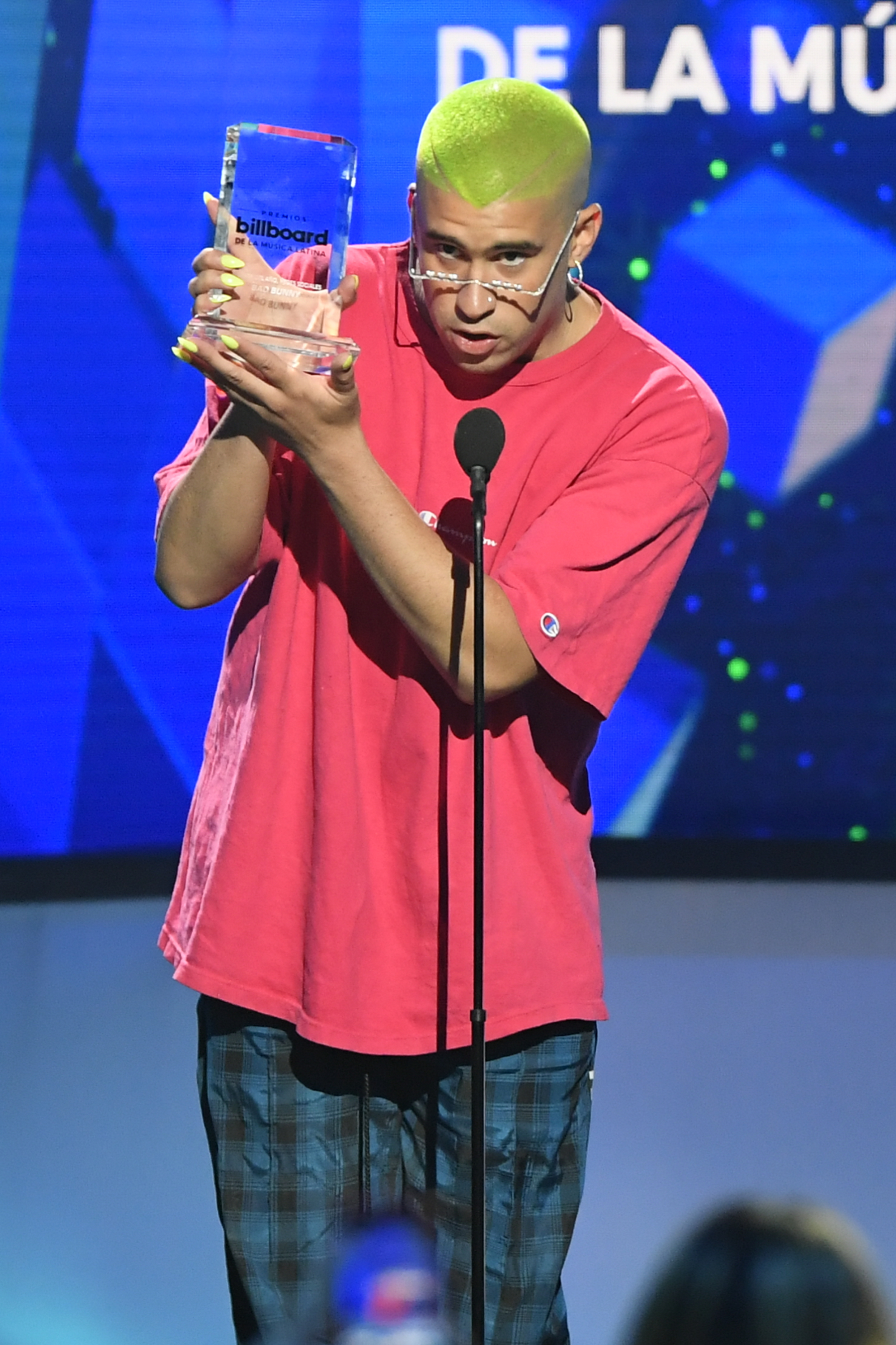 Bad Bunny, winner of the "Social Artist of the Year" award, at the Mandalay Bay Resort and Casino in Las Vegas, Nevada on April 25, 2019. | Source: Getty Images