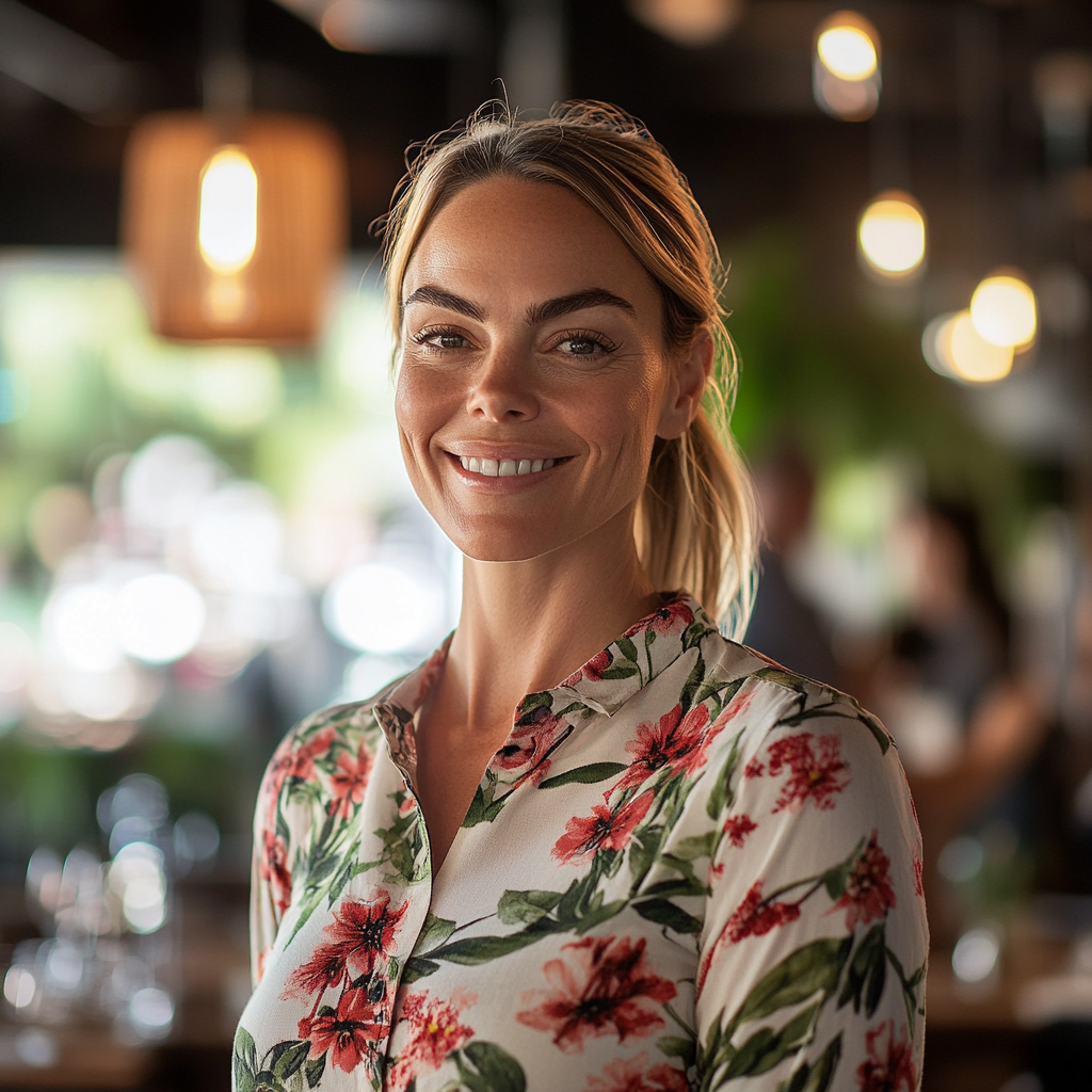 A woman looking happy while standing in a restaurant | Source: Midjourney