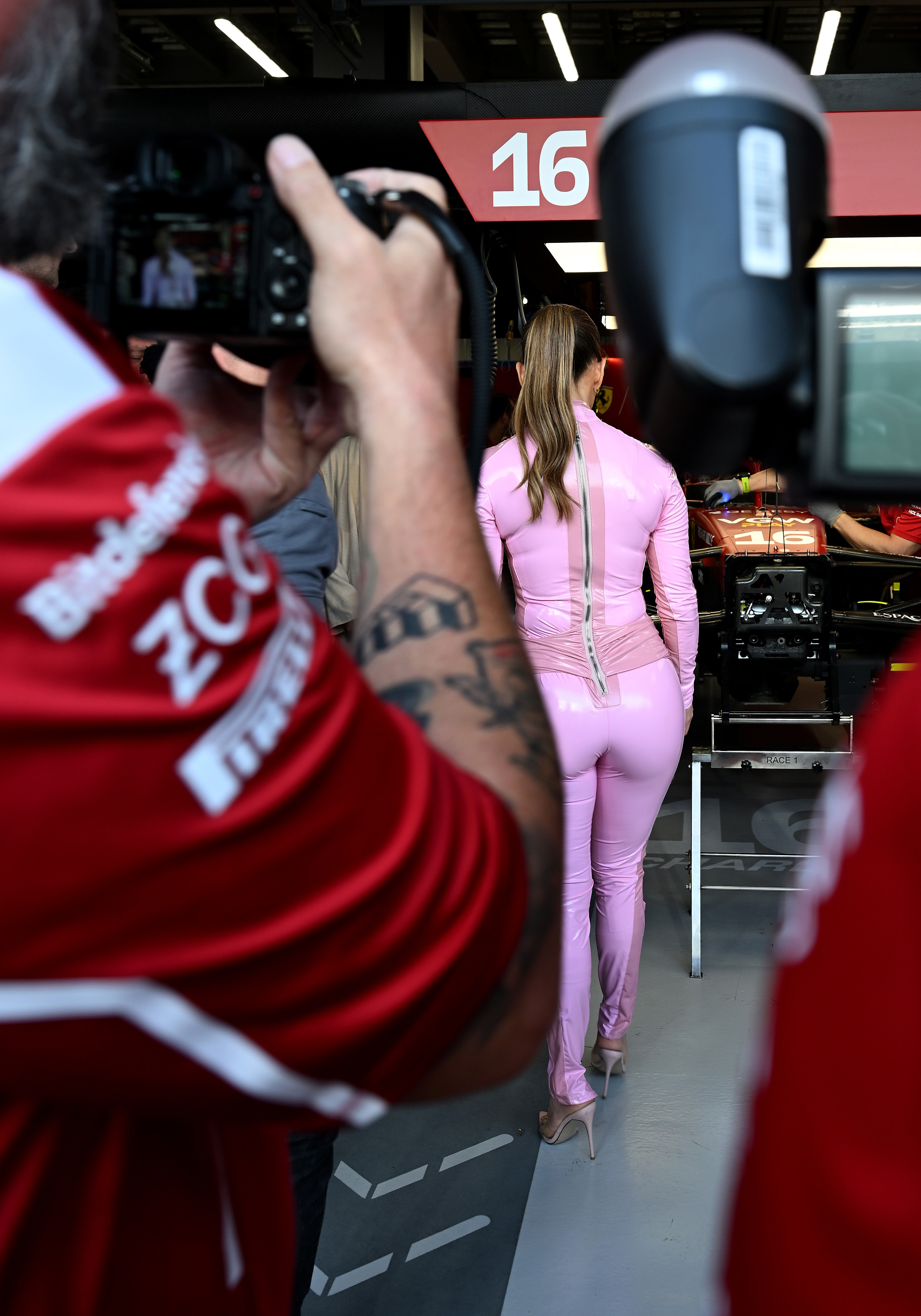 Jennifer Lopez visiting the Scuderia Ferrari garage ahead of the F1 Grand Prix of Saudi Arabia at Jeddah Corniche Circuit on April 19, 2025. | Source: Getty Images